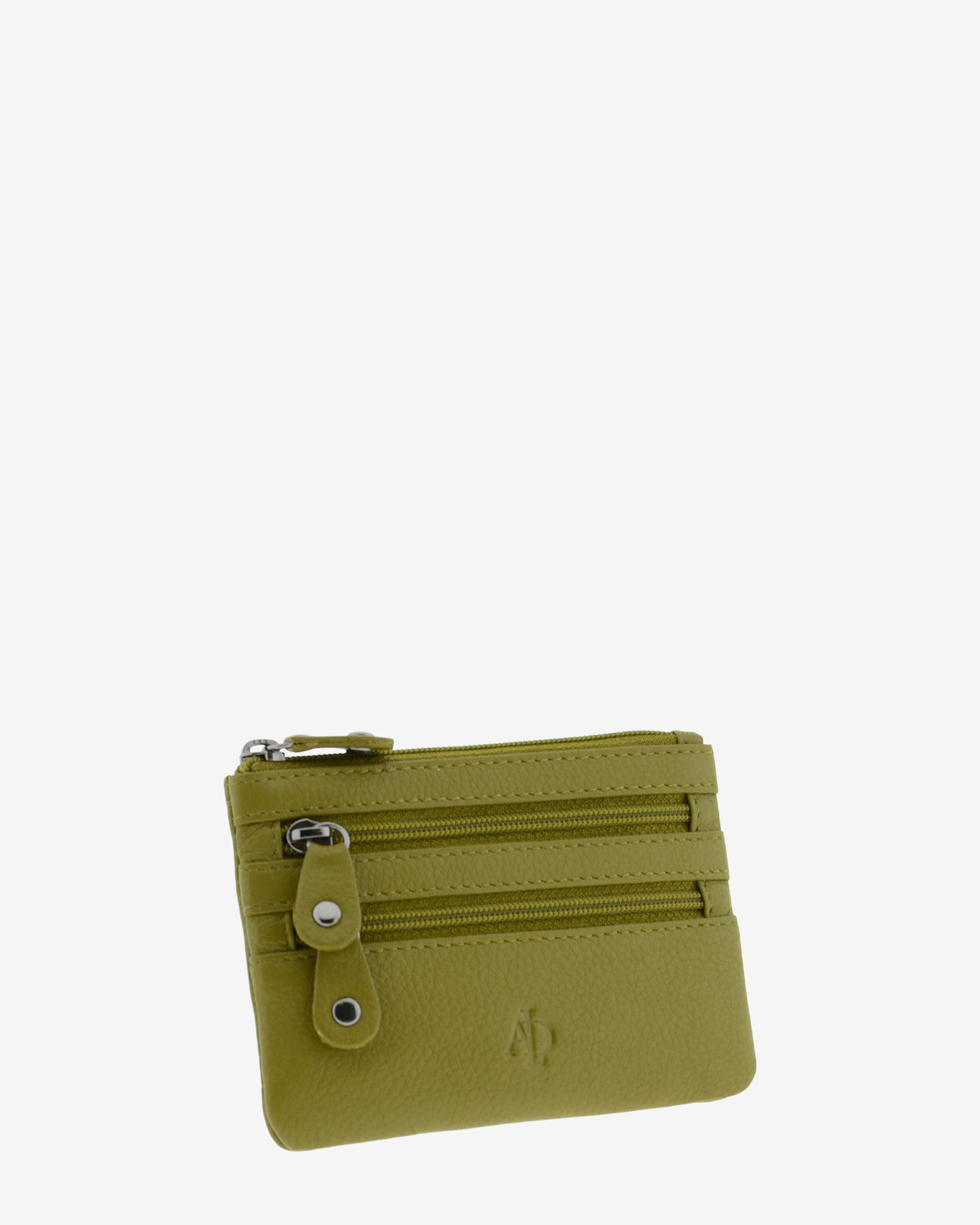 Monedero fino con triple cremallera 8072 en color oliva, vista tres cuartos frontal.