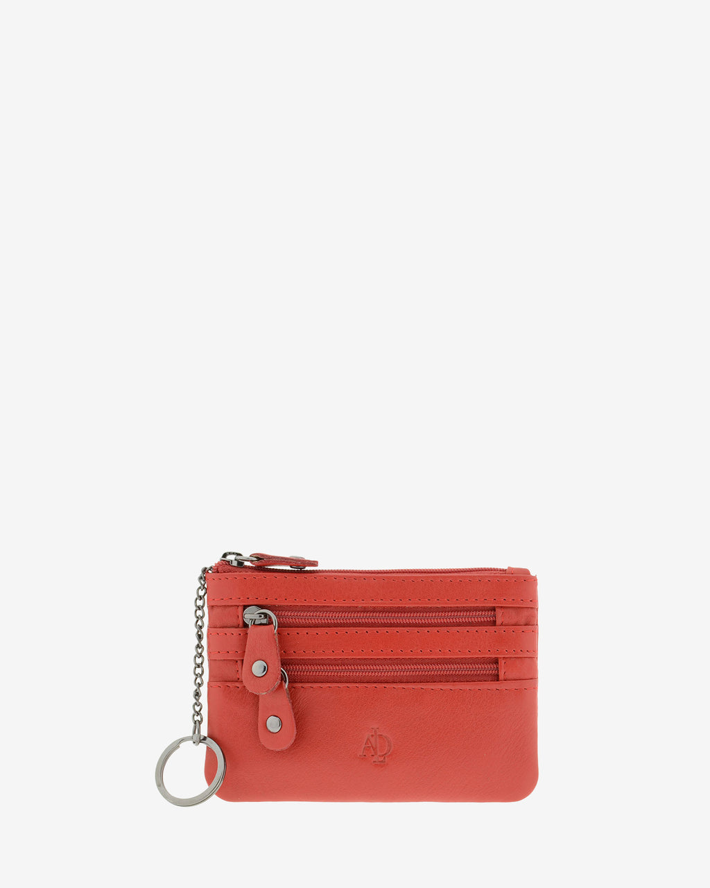 Monedero fino con triple cremallera 8072 en color rojo, vista frontal con anilla para llaves.