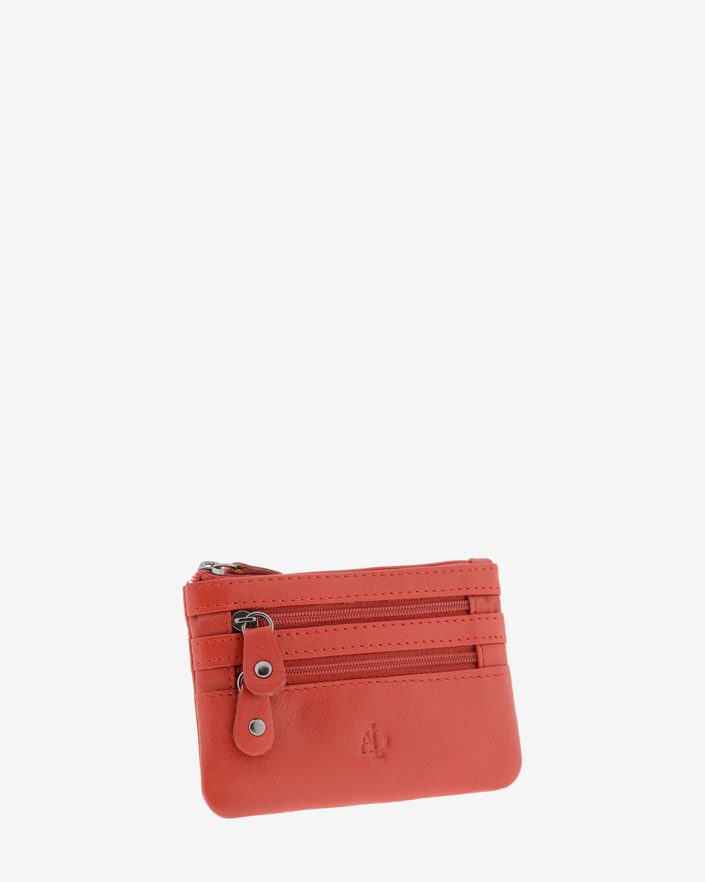 Monedero fino con triple cremallera 8072 en color rojo, vista tres cuartos frontal.