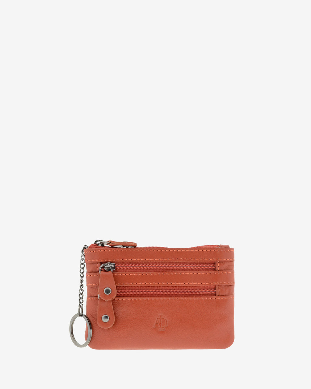 Monedero fino con triple cremallera 8072 en color teja, vista frontal con anilla para llaves.