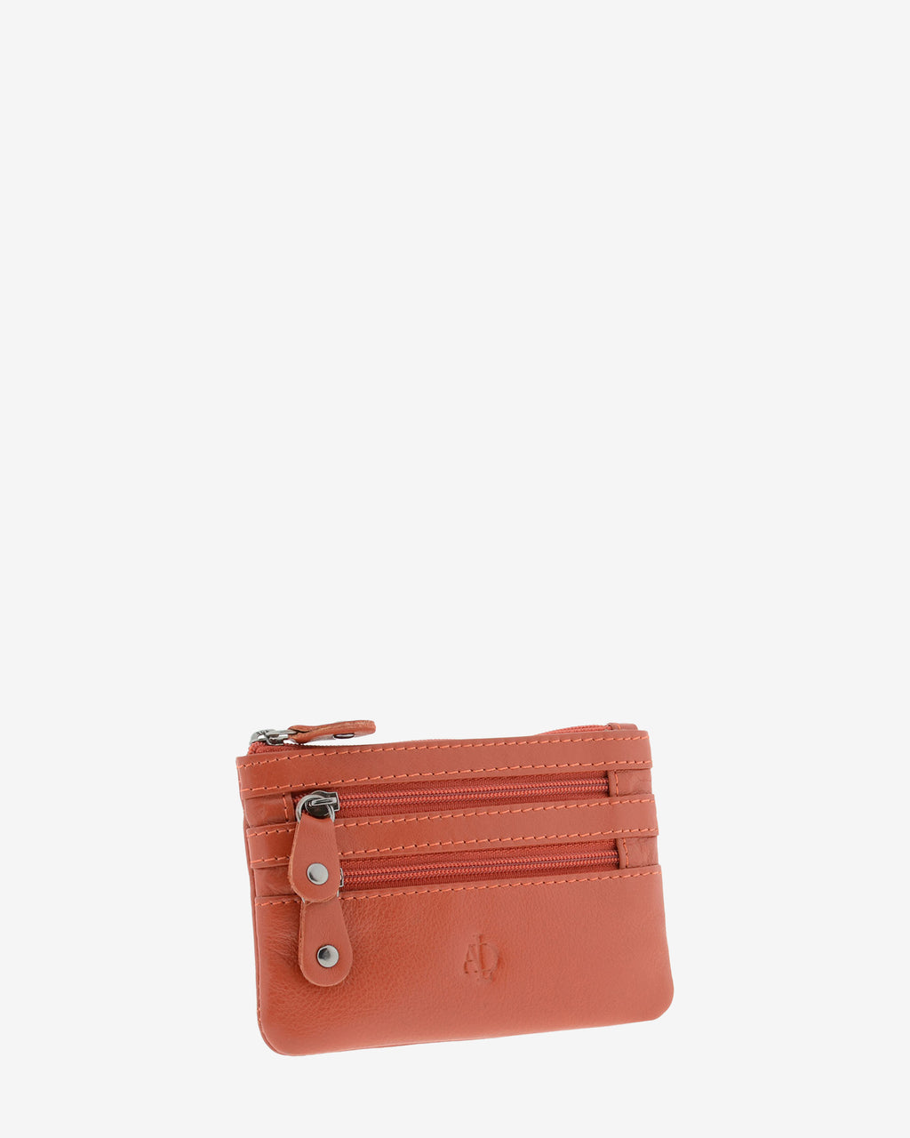 Monedero fino con triple cremallera 8072 en color teja, vista tres cuartos frontal.