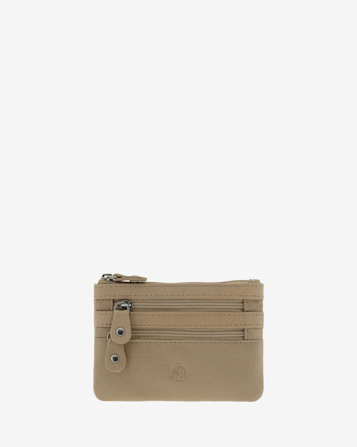 Monedero fino con triple cremallera 8072 en color topo, vista frontal.