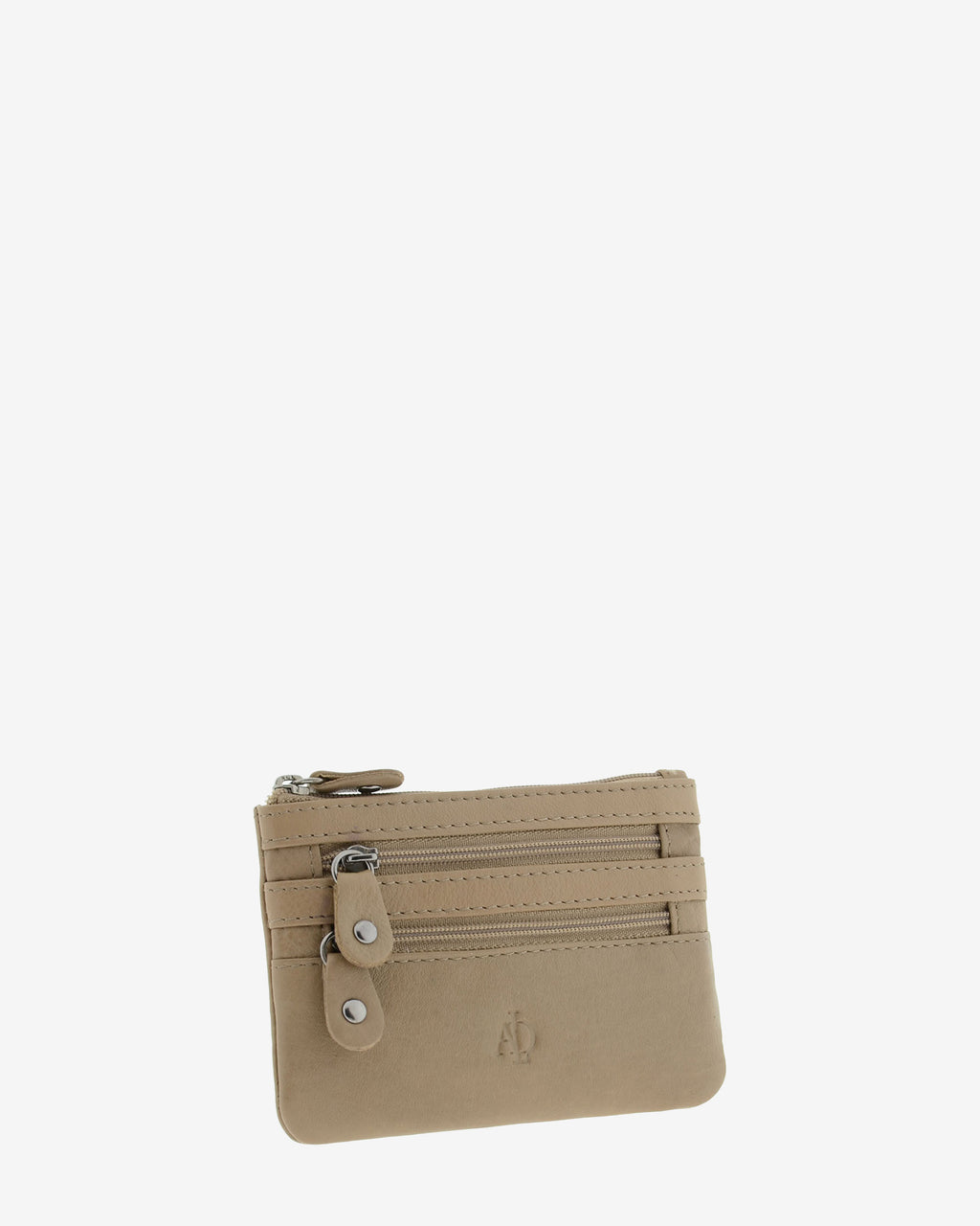 Monedero fino con triple cremallera 8072 en color topo, vista tres cuartos frontal.