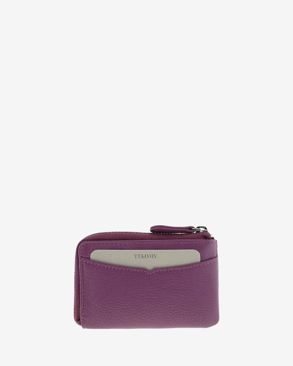 Monedero tarjetero fino 8076 en color lila, vista trasera con tarjeta visible en la ranura exterior.