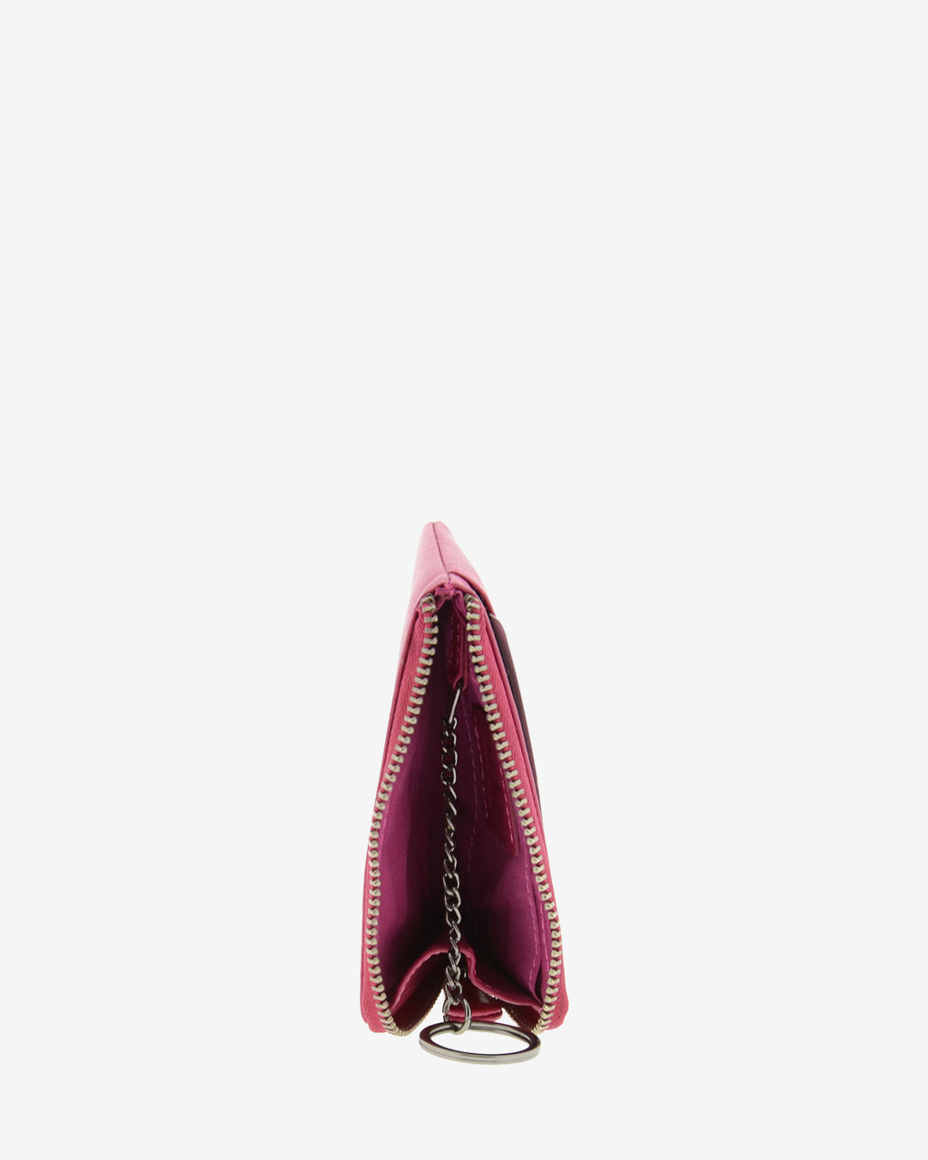Monedero tarjetero fino 8076 en color magenta, vista superior abierto con interior y anilla para llaves visibles.