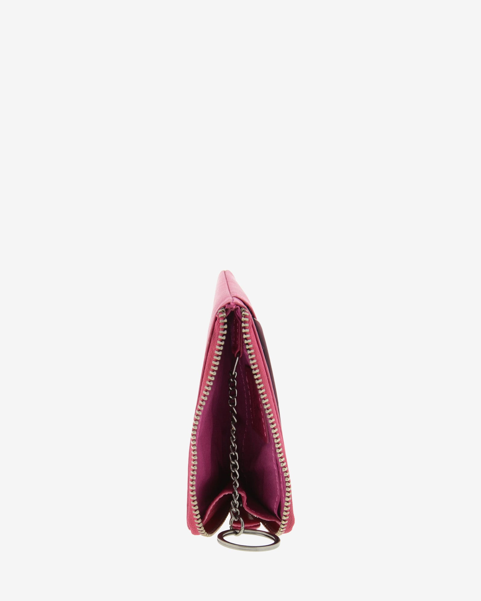 Monedero tarjetero fino 8076 en color magenta, vista superior abierto con interior y anilla para llaves visibles.