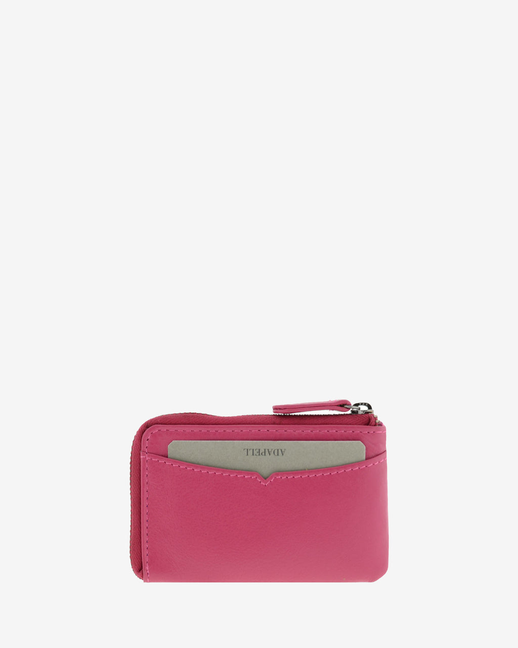 Monedero tarjetero fino 8076 en color magenta, vista trasera con tarjeta visible en la ranura exterior.