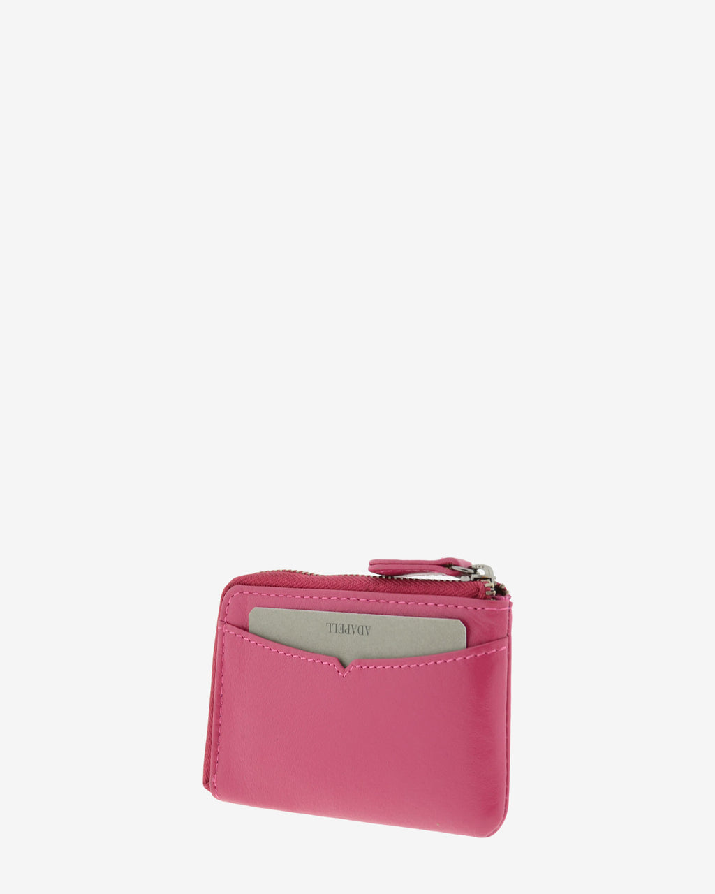 Monedero tarjetero fino 8076 en color magenta, vista tres cuartos trasera con ranura exterior para tarjeta.