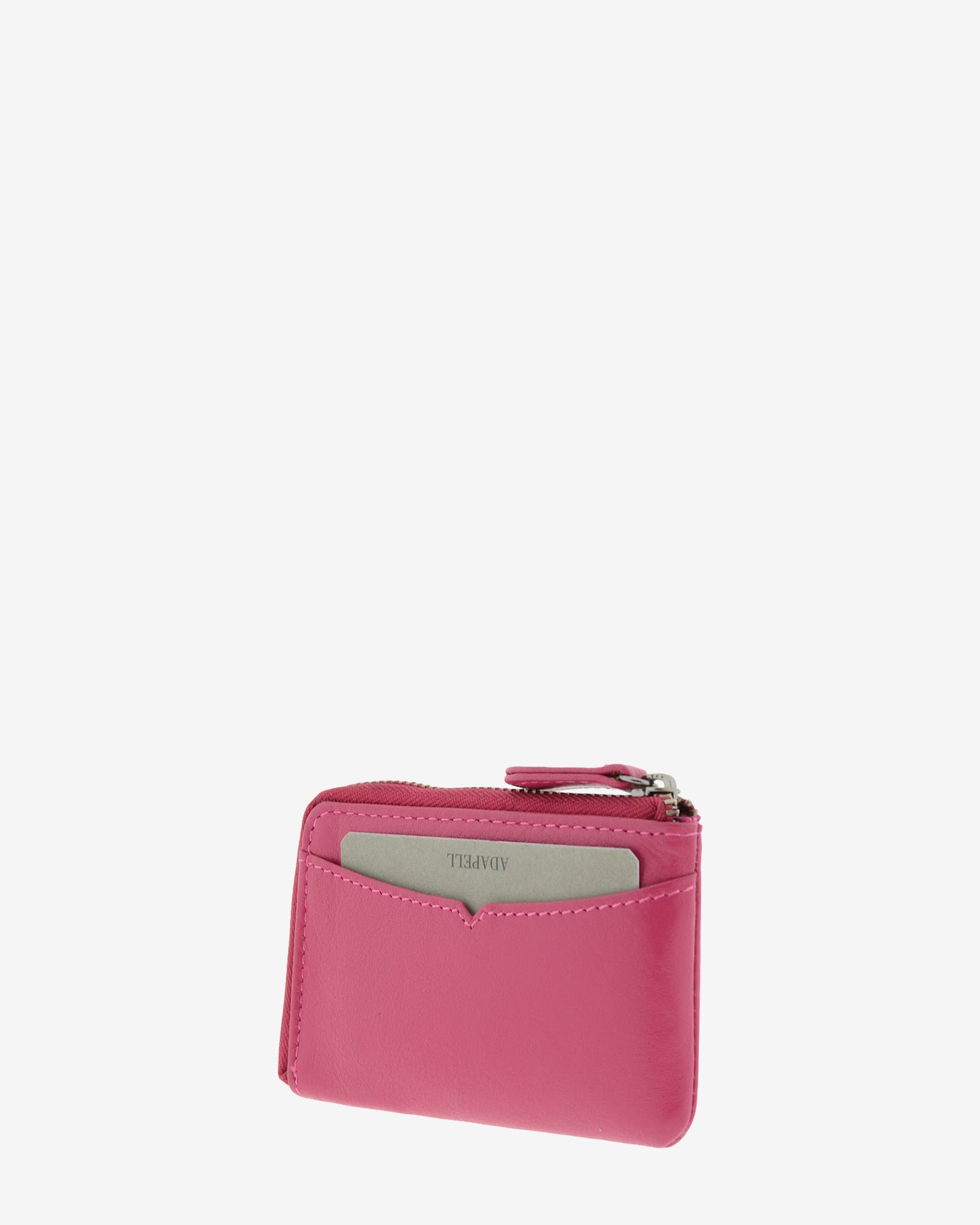 Monedero tarjetero fino 8076 en color magenta, vista tres cuartos trasera con ranura exterior para tarjeta.