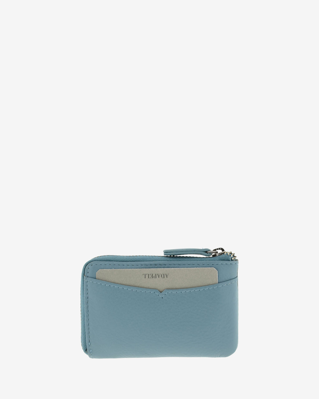 Monedero tarjetero fino 8076 en color mar, vista trasera con tarjeta visible en la ranura exterior.