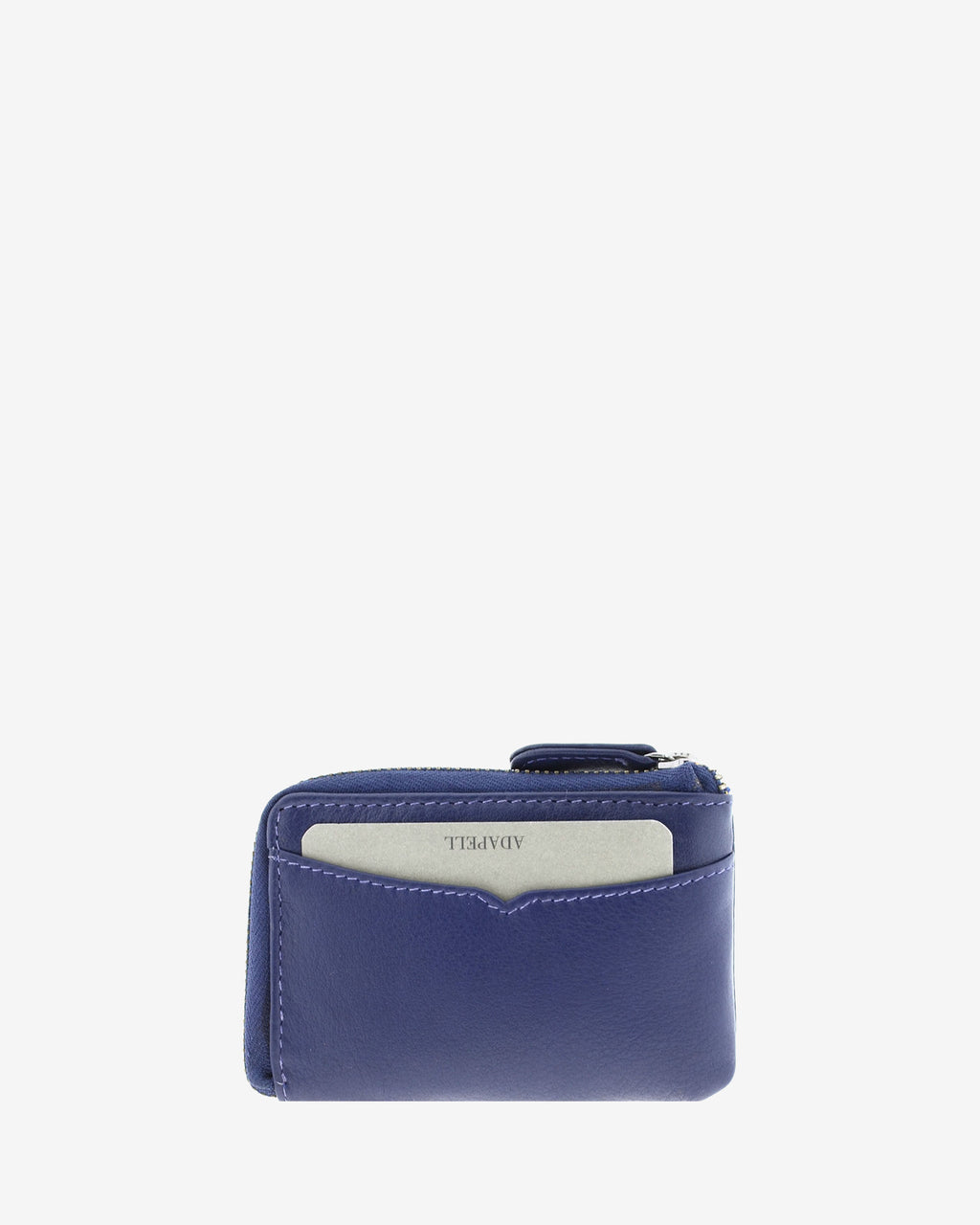 Monedero tarjetero fino 8076 en color marino, vista trasera con tarjeta visible en la ranura exterior.