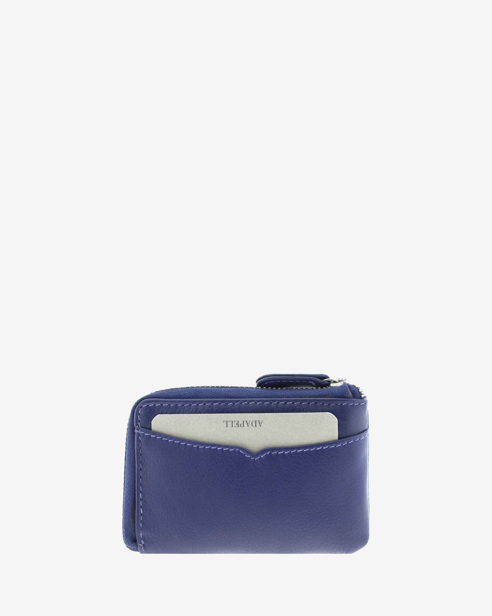 Monedero tarjetero fino 8076 en color marino, vista trasera con tarjeta visible en la ranura exterior.
