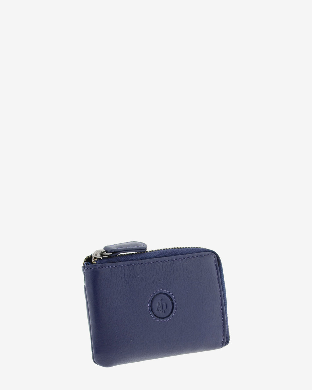 Monedero tarjetero fino 8076 en color marino, vista tres cuartos frontal.