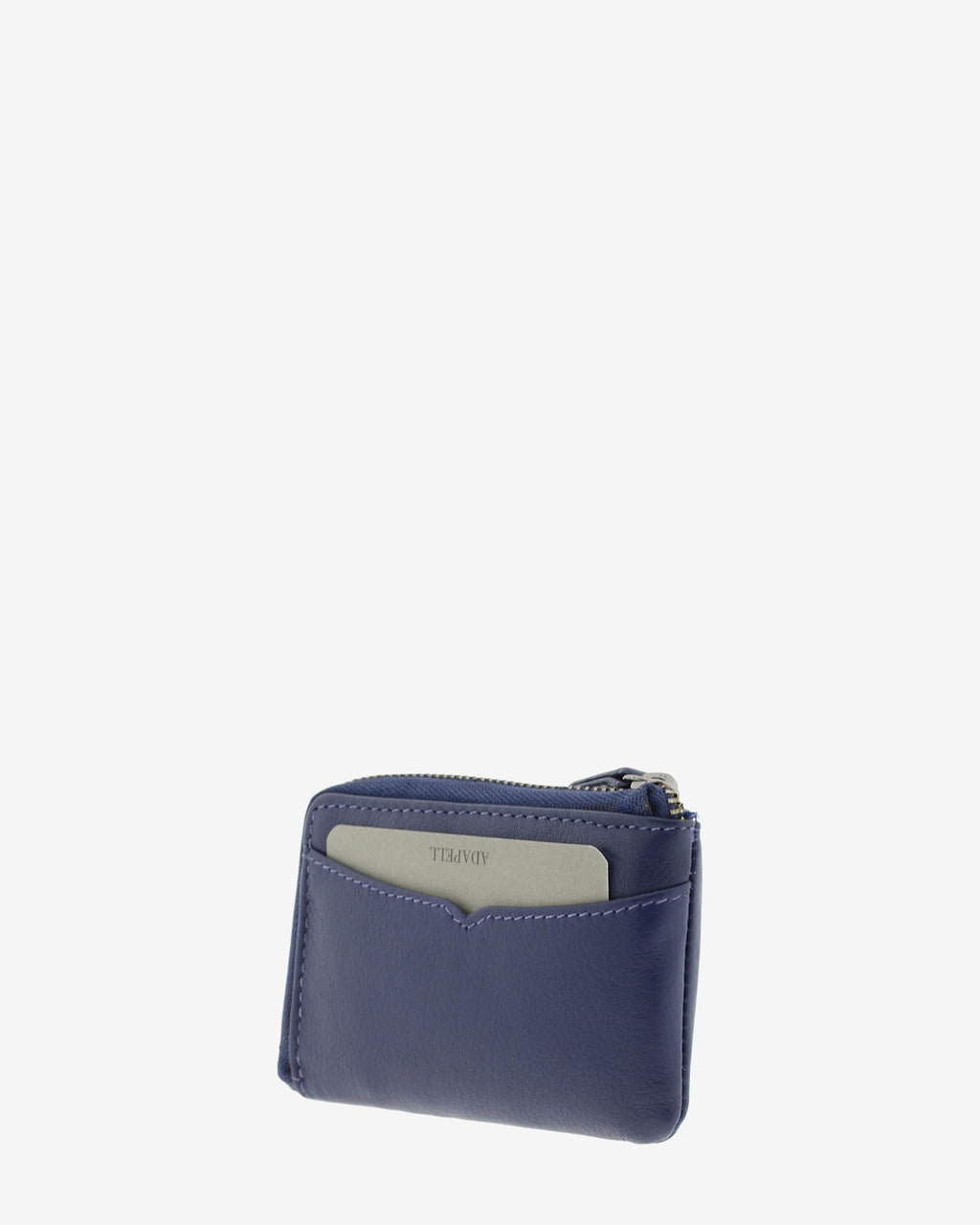 Monedero tarjetero fino 8076 en color marino, vista tres cuartos trasera con ranura exterior para tarjeta.