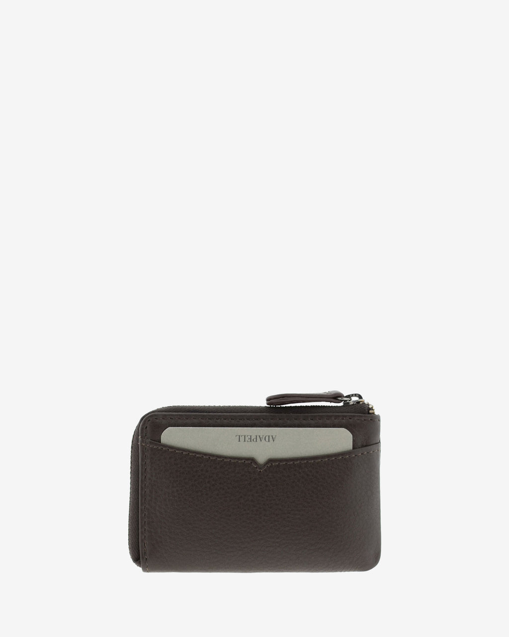 Monedero tarjetero fino 8076 en color marrón, vista trasera con tarjeta visible en la ranura exterior.