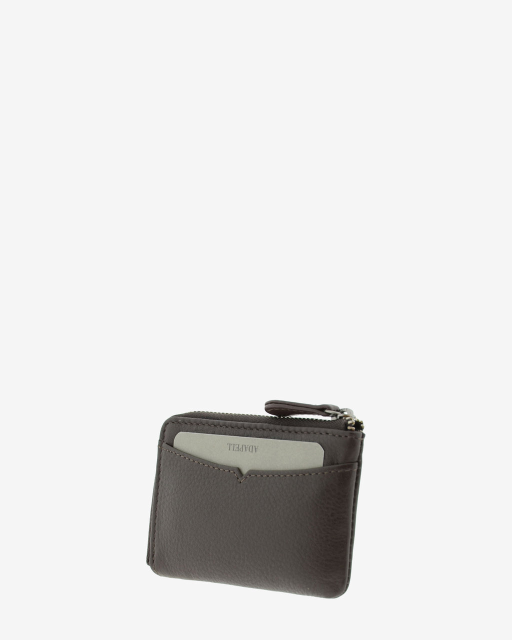 Monedero tarjetero fino 8076 en color marrón, vista tres cuartos trasera con ranura exterior para tarjeta.