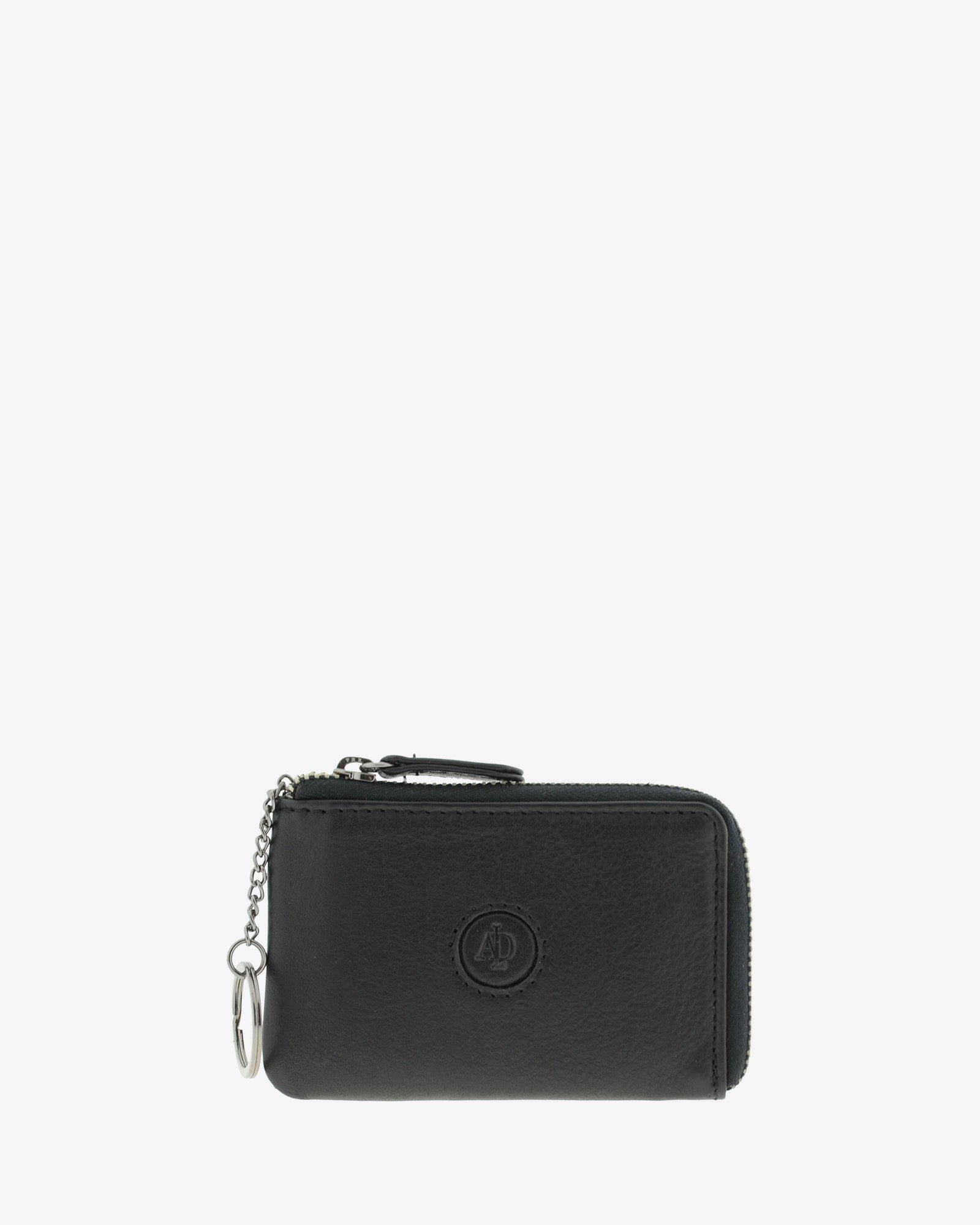 Monedero tarjetero fino 8076 en color negro, vista frontal con anilla para llaves.