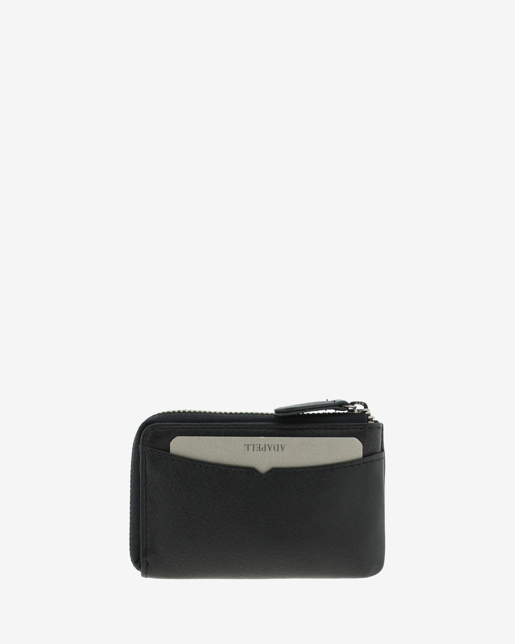 Monedero tarjetero fino 8076 en color negro, vista trasera con tarjeta visible en la ranura exterior.