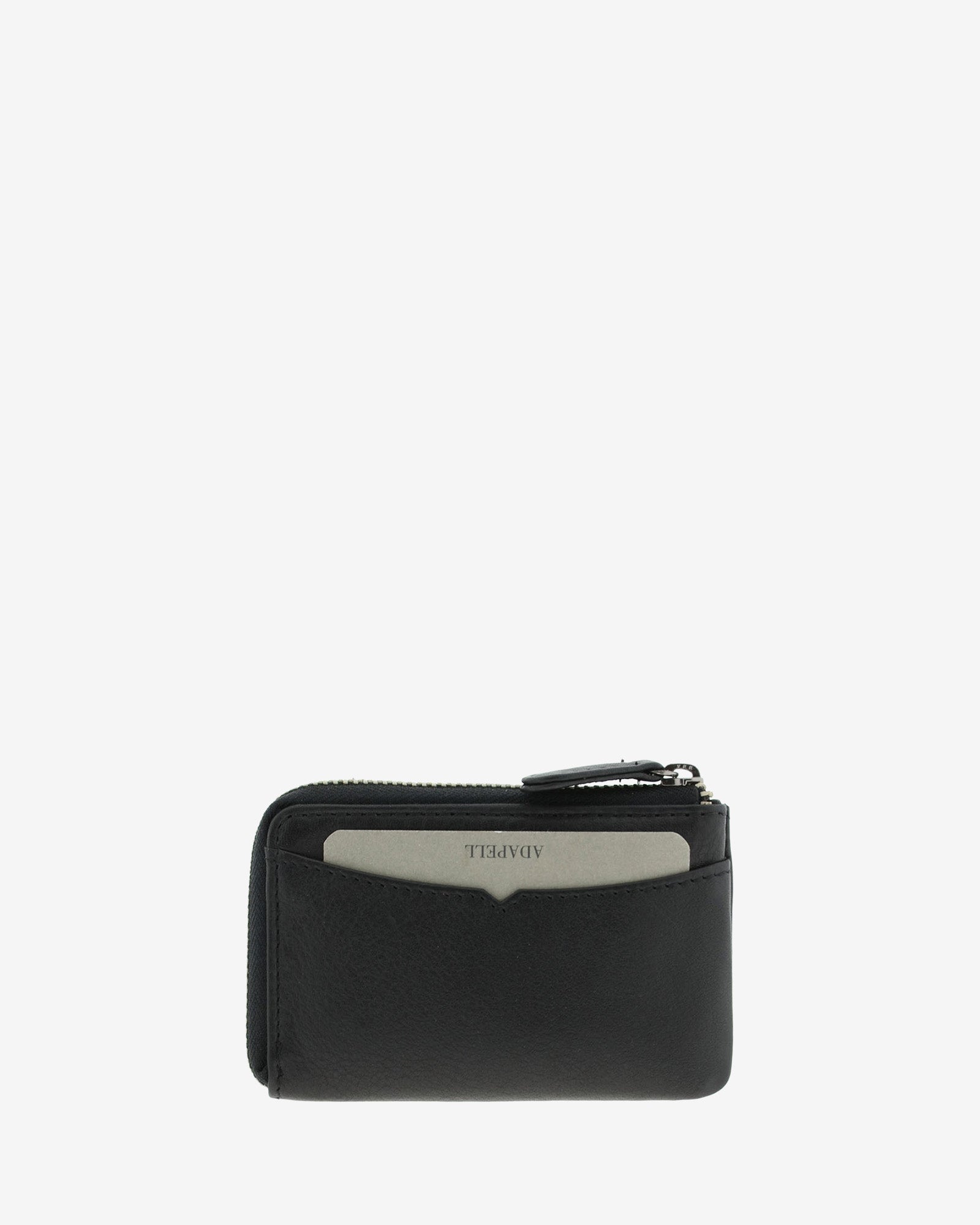 Monedero tarjetero fino 8076 en color negro, vista trasera con tarjeta visible en la ranura exterior.