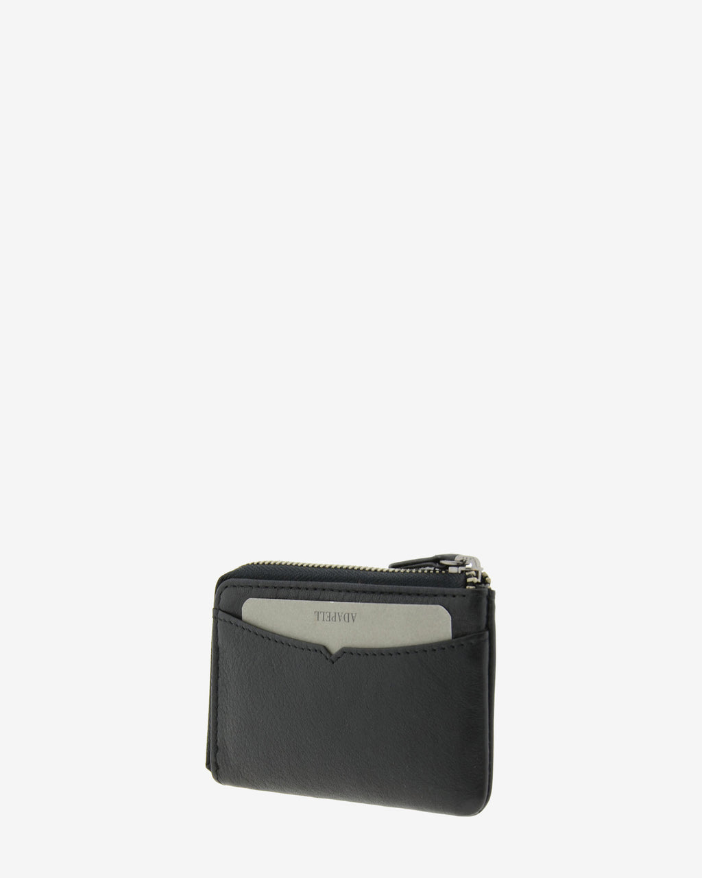 Monedero tarjetero fino 8076 en color negro, vista tres cuartos trasera con ranura exterior para tarjeta.