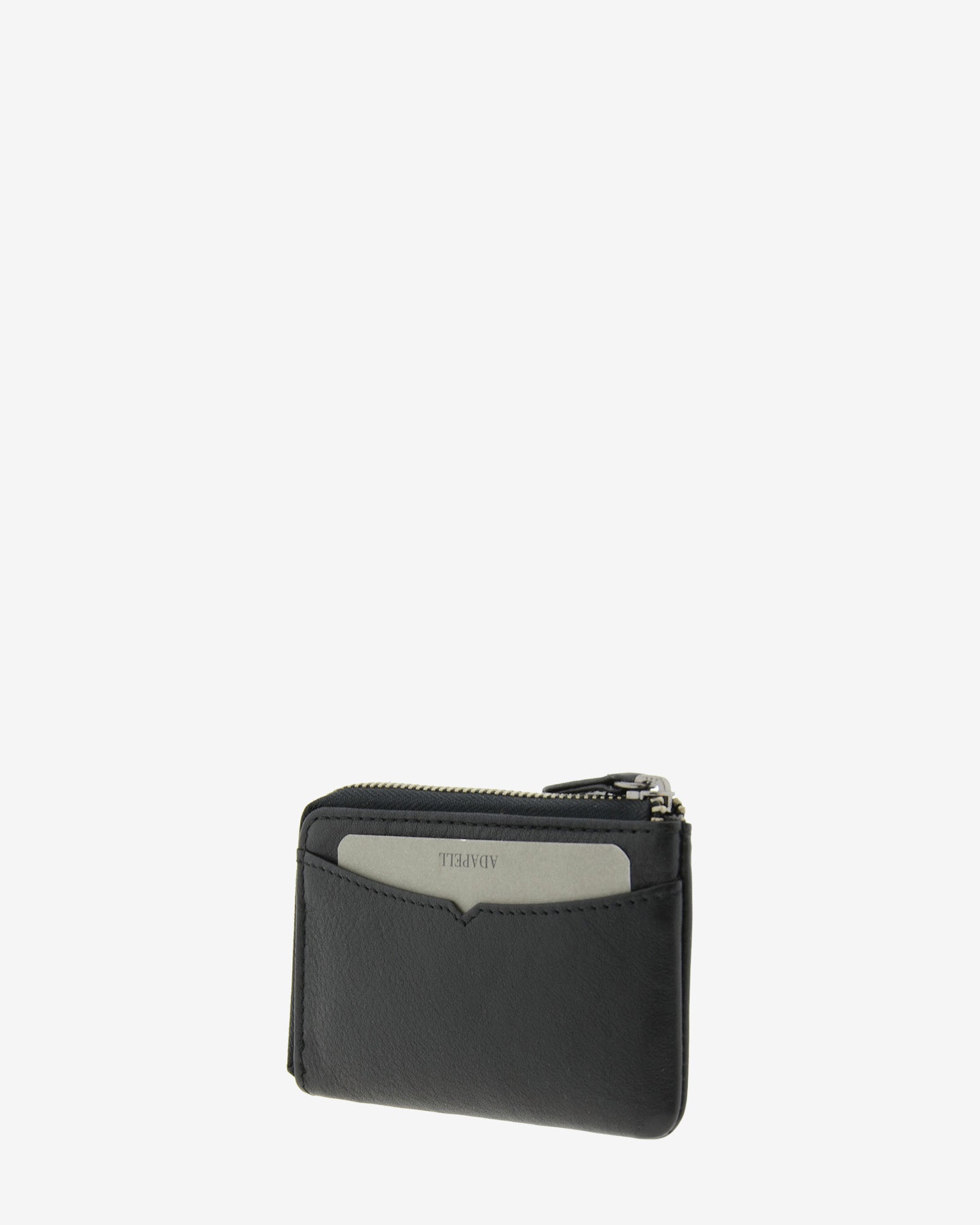 Monedero tarjetero fino 8076 en color negro, vista tres cuartos trasera con ranura exterior para tarjeta.