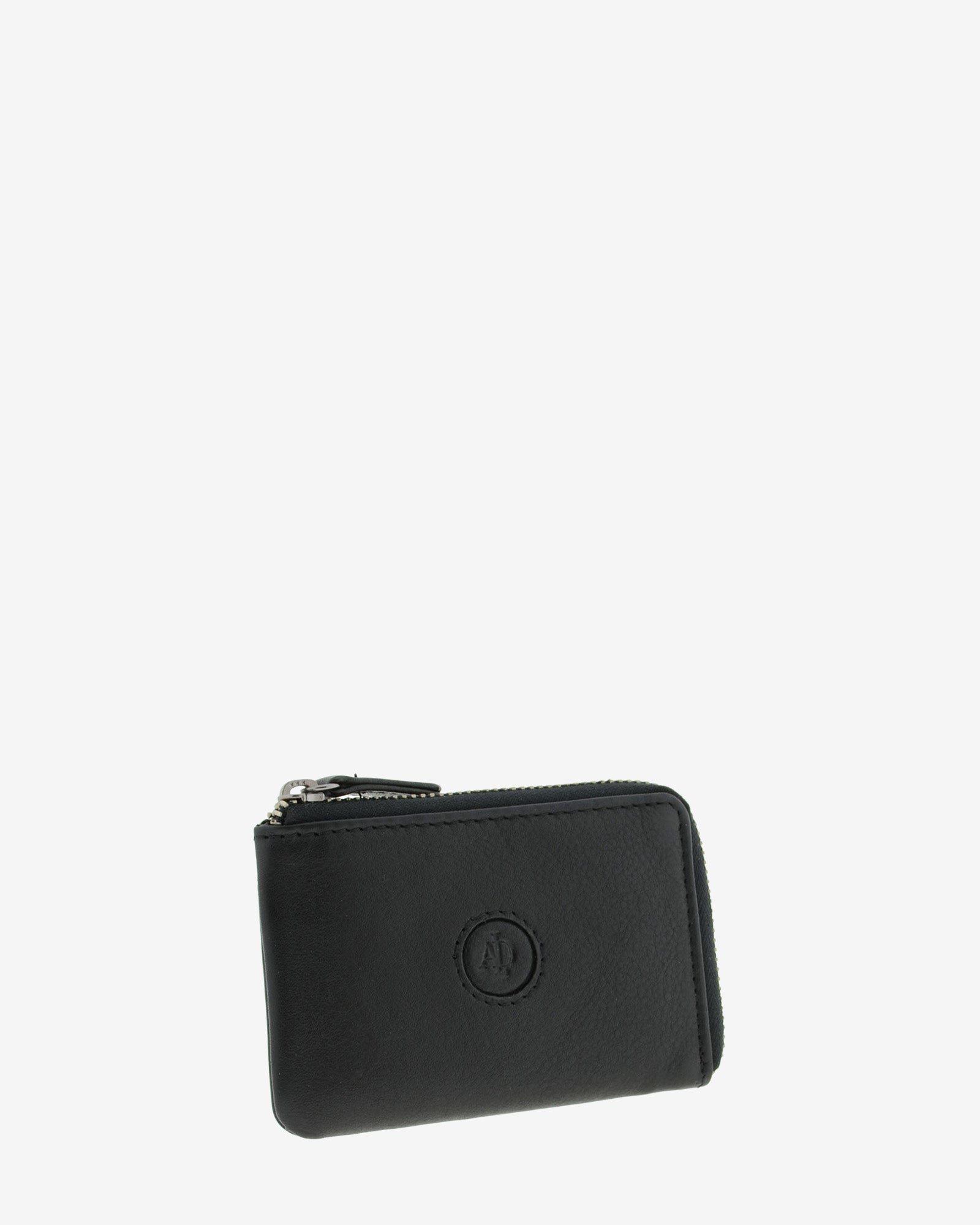 Monedero tarjetero fino 8076 en color negro, vista tres cuartos frontal.