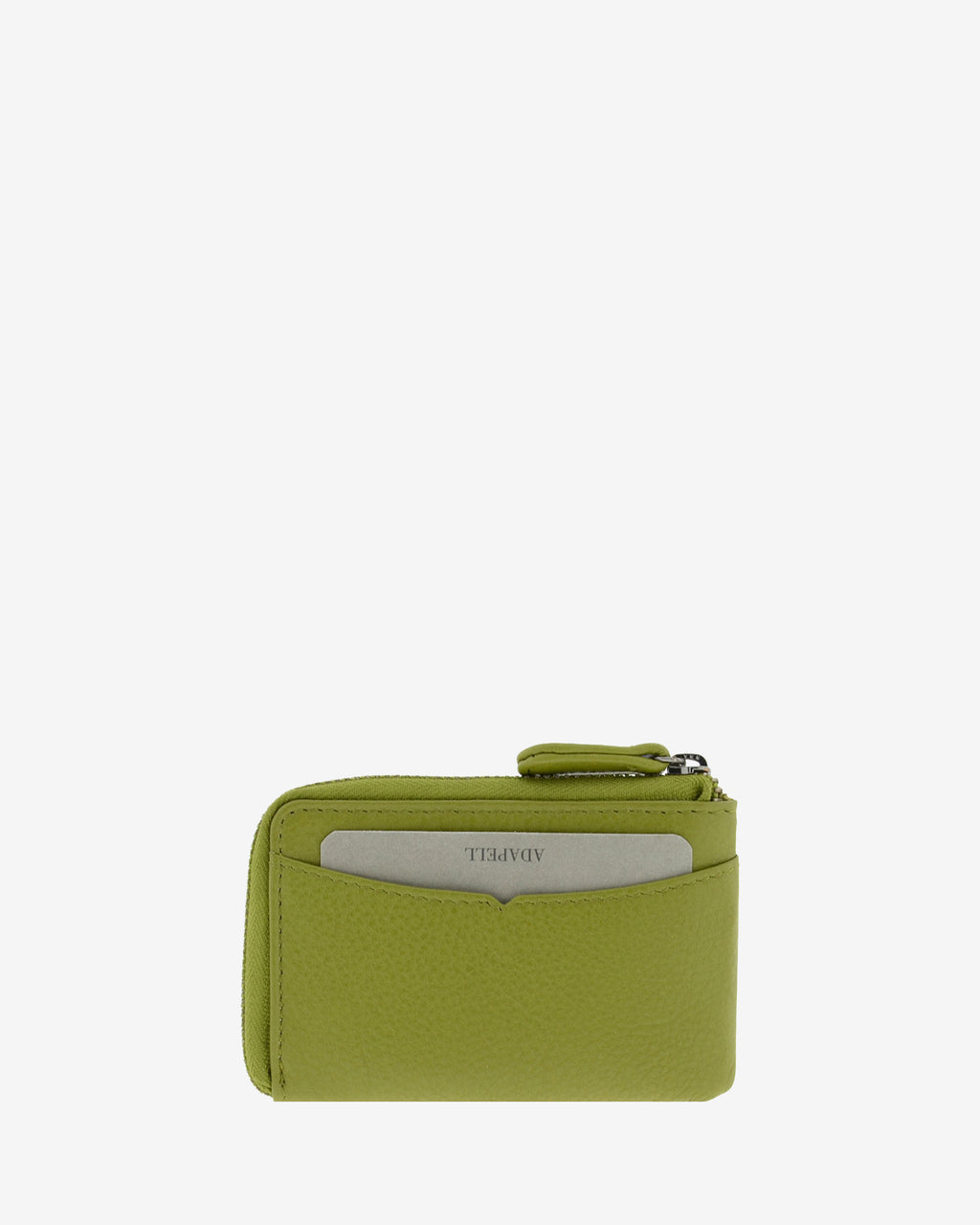 Monedero tarjetero fino 8076 en color oliva, vista trasera con tarjeta visible en la ranura exterior.