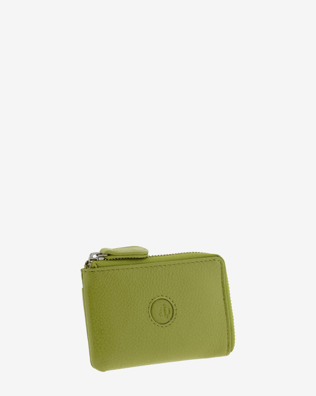 Monedero tarjetero fino 8076 en color oliva, vista tres cuartos frontal.