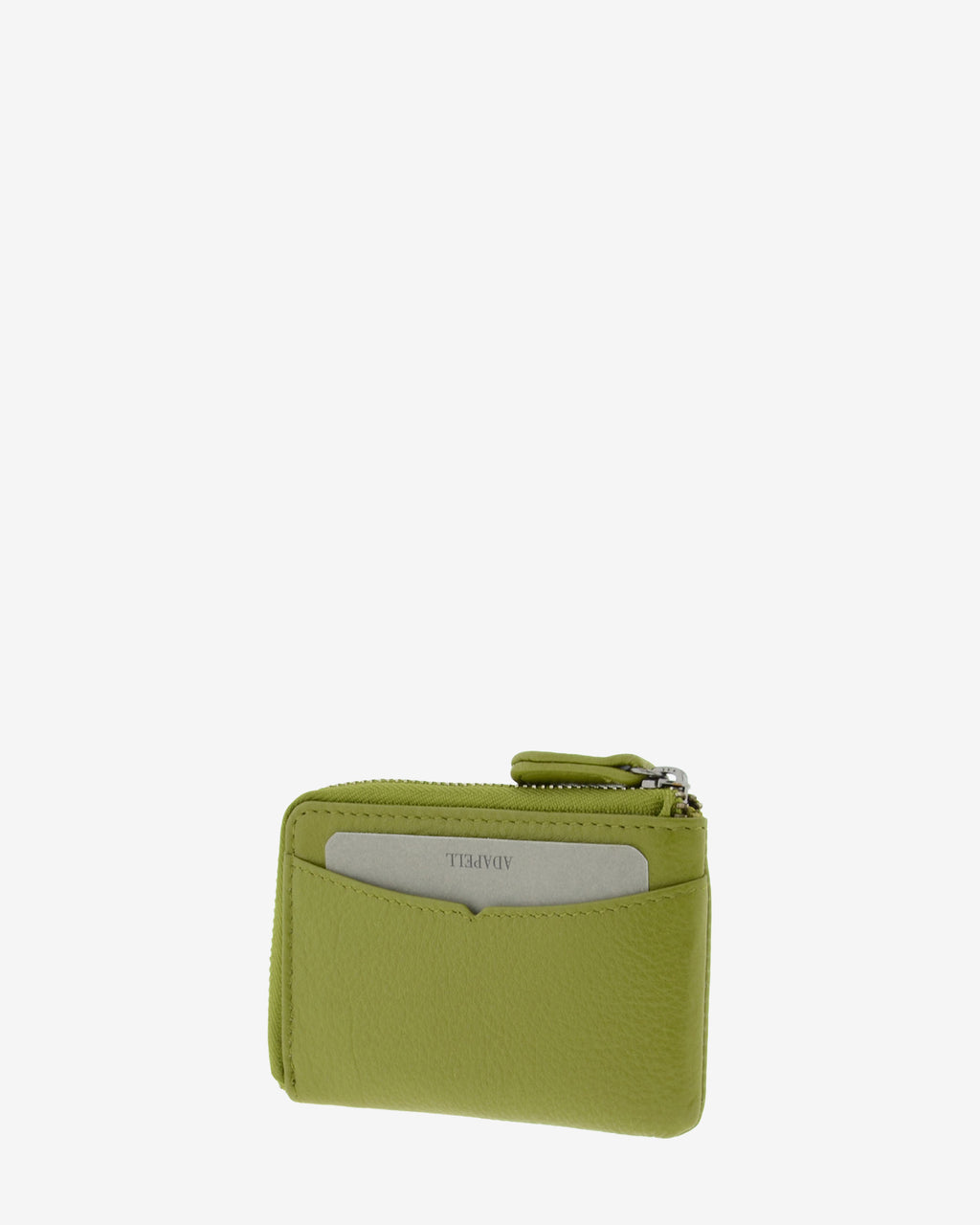 Monedero tarjetero fino 8076 en color oliva, vista tres cuartos trasera con ranura exterior para tarjeta.