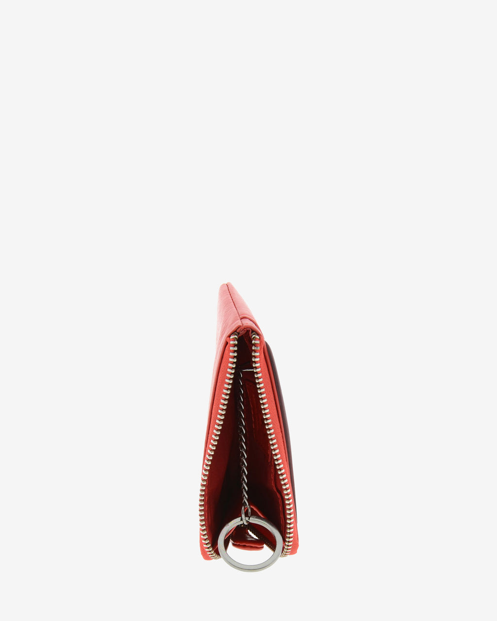 Monedero tarjetero fino 8076 en color rojo, vista superior abierto con interior y anilla para llaves visibles.