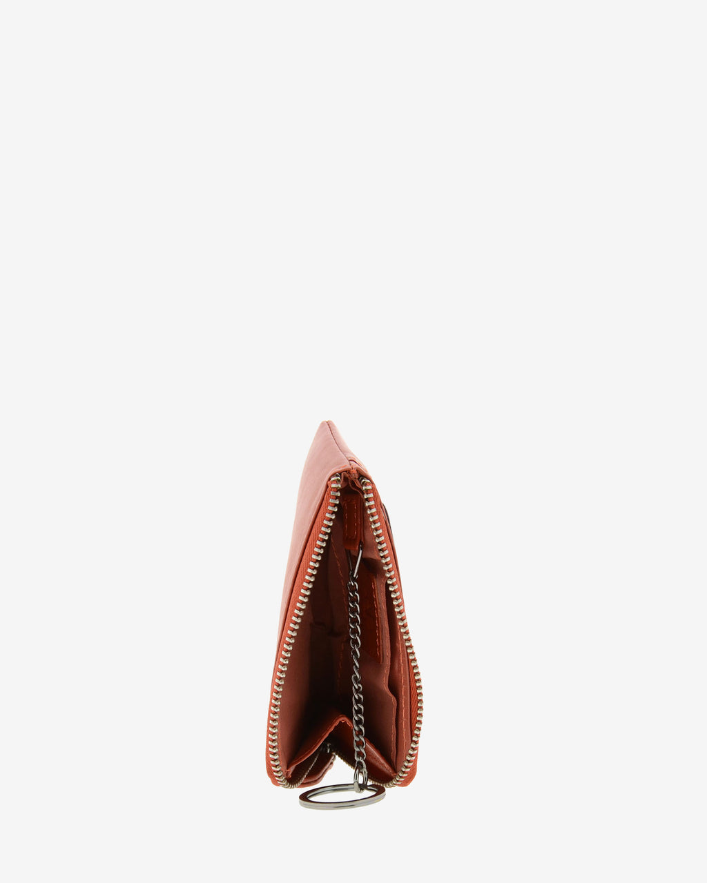 Monedero tarjetero fino 8076 en color teja, vista superior abierto con interior y anilla para llaves visibles.