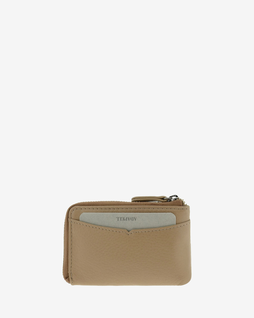 Monedero tarjetero fino 8076 en color topo, vista trasera con ranura exterior para tarjeta.