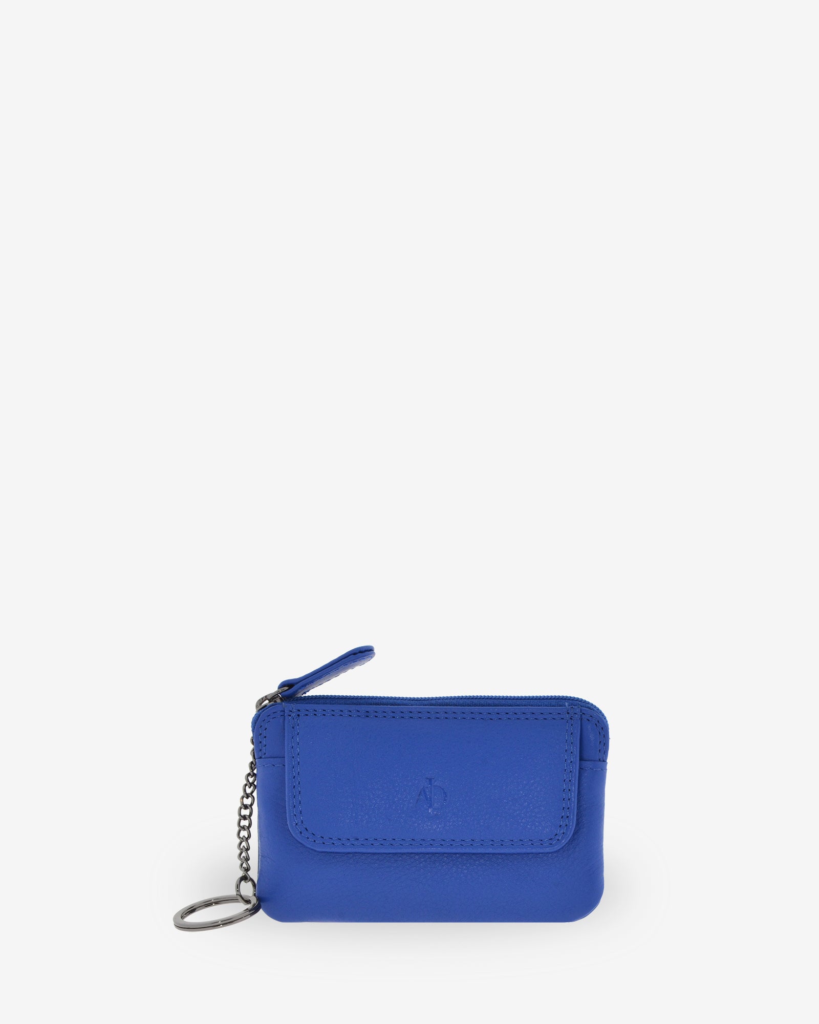 Monedero fino 8078 en color cobalto, vista frontal con solapa y anilla para llaves.