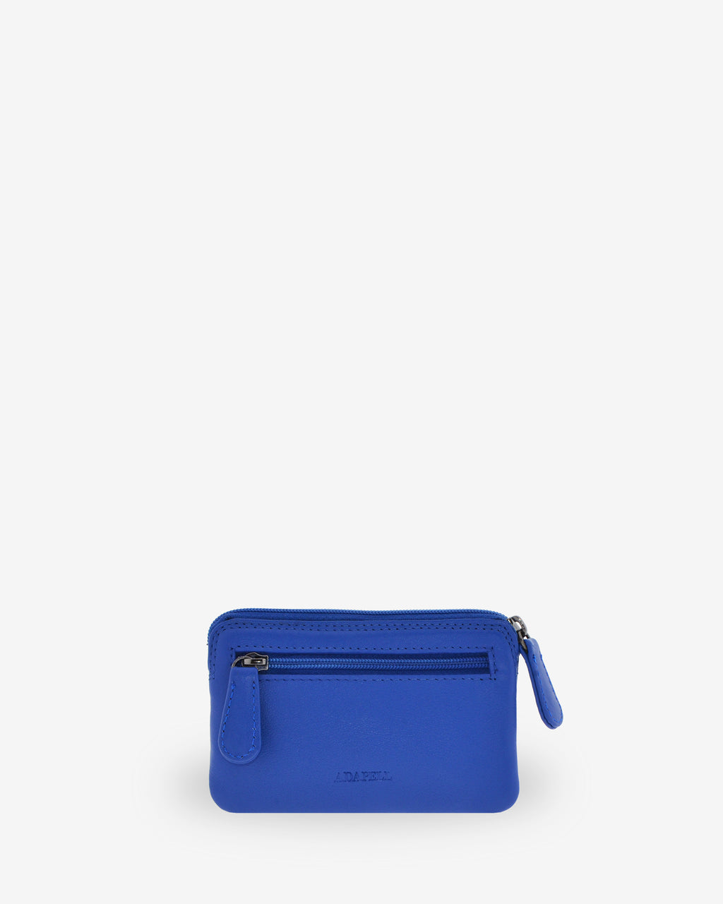 Monedero fino 8078 en color cobalto, vista posterior con bolsillo exterior de cremallera.