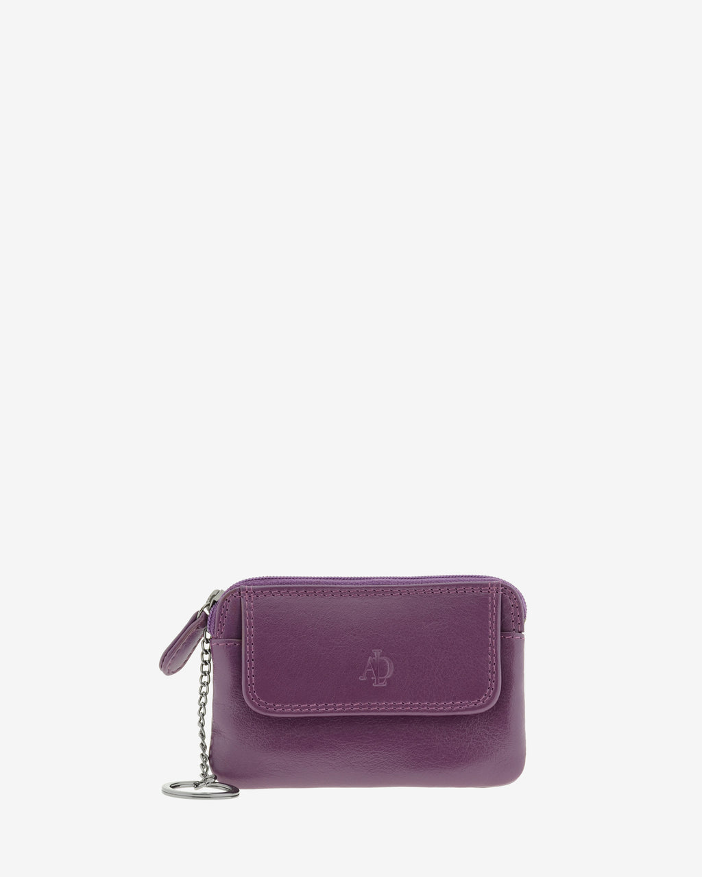 Monedero fino 8078 en color lila, vista frontal con solapa y anilla para llaves.