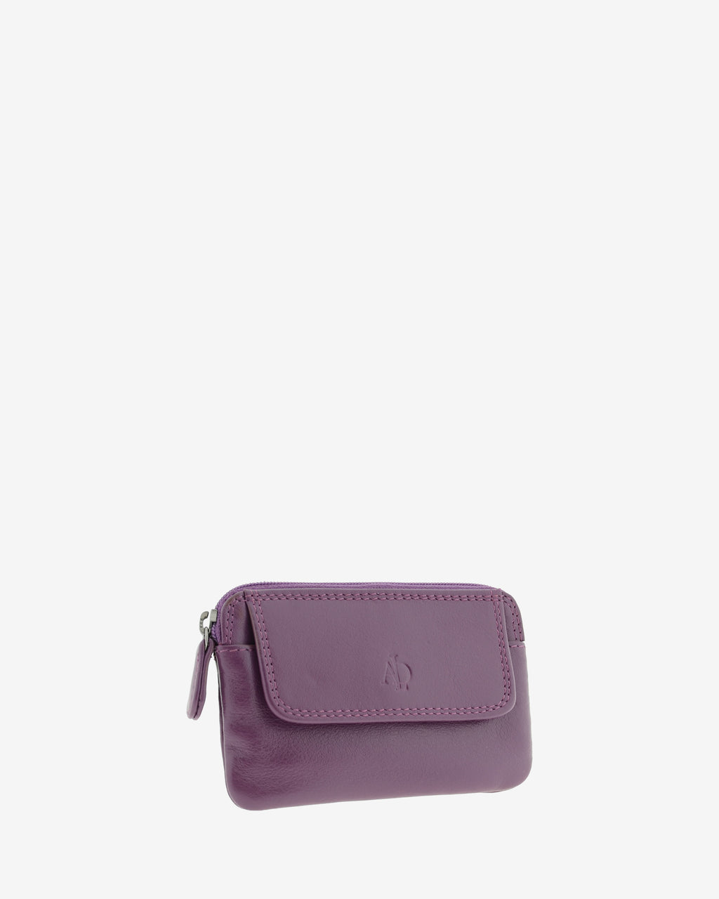 Monedero fino 8078 en color lila, vista tres cuartos frontal con solapa exterior.