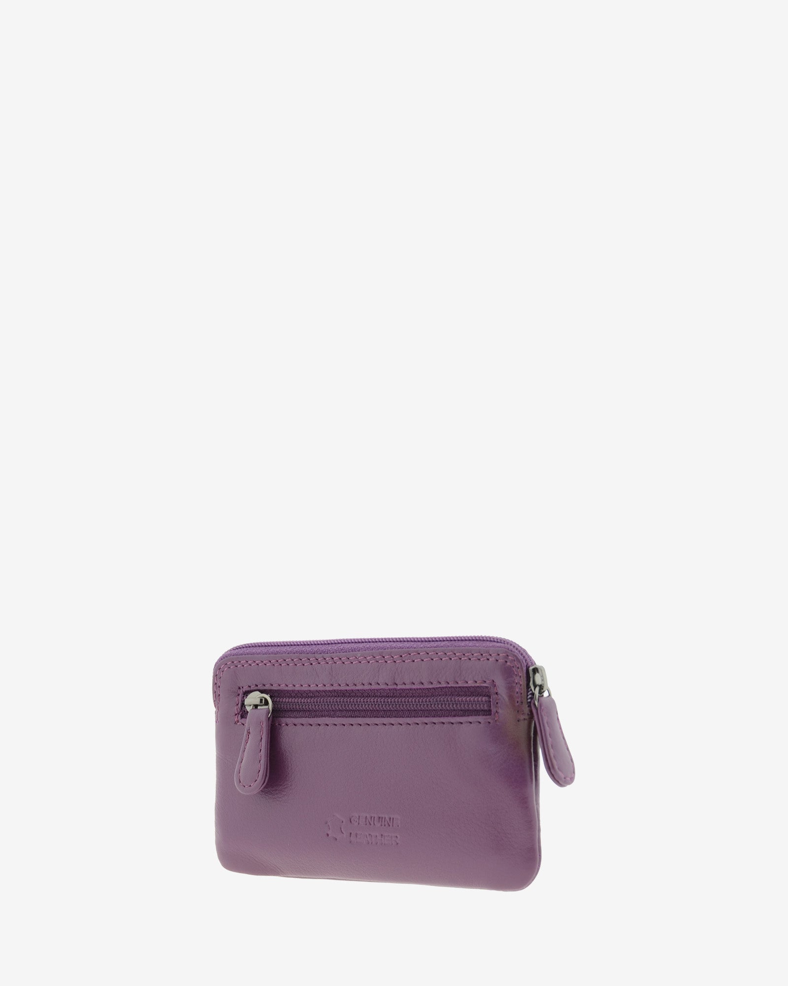 Monedero fino 8078 en color lila, vista tres cuartos posterior con bolsillo exterior de cremallera.
