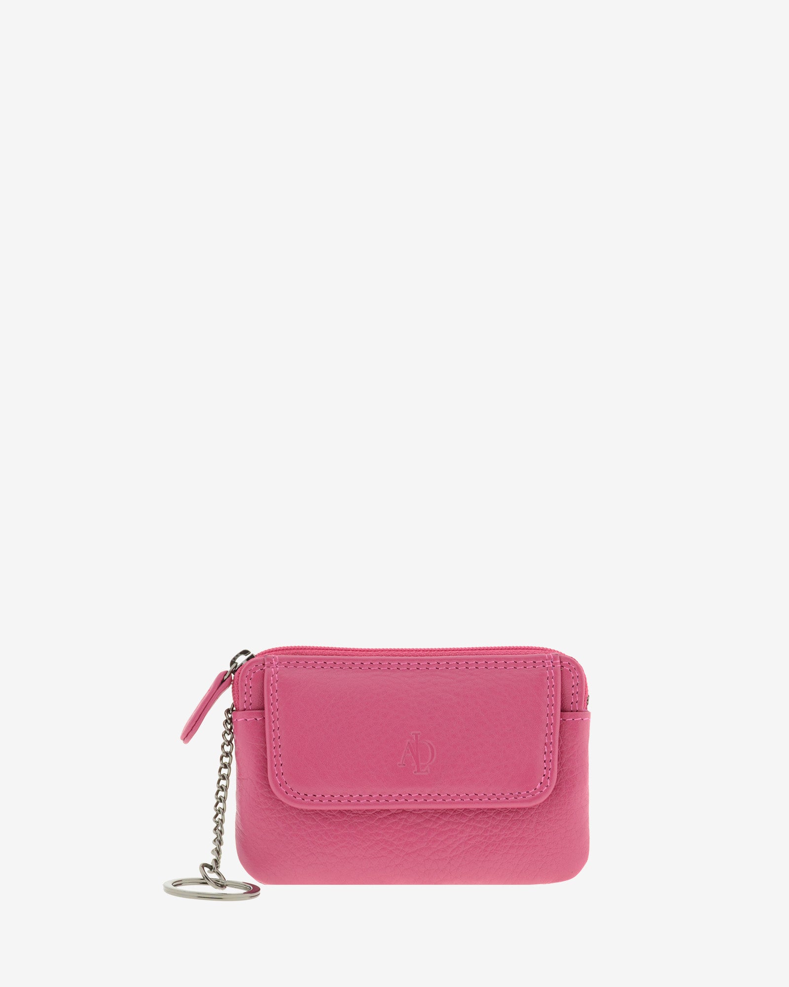 Monedero fino 8078 en color magenta, vista frontal con solapa y anilla para llaves.
