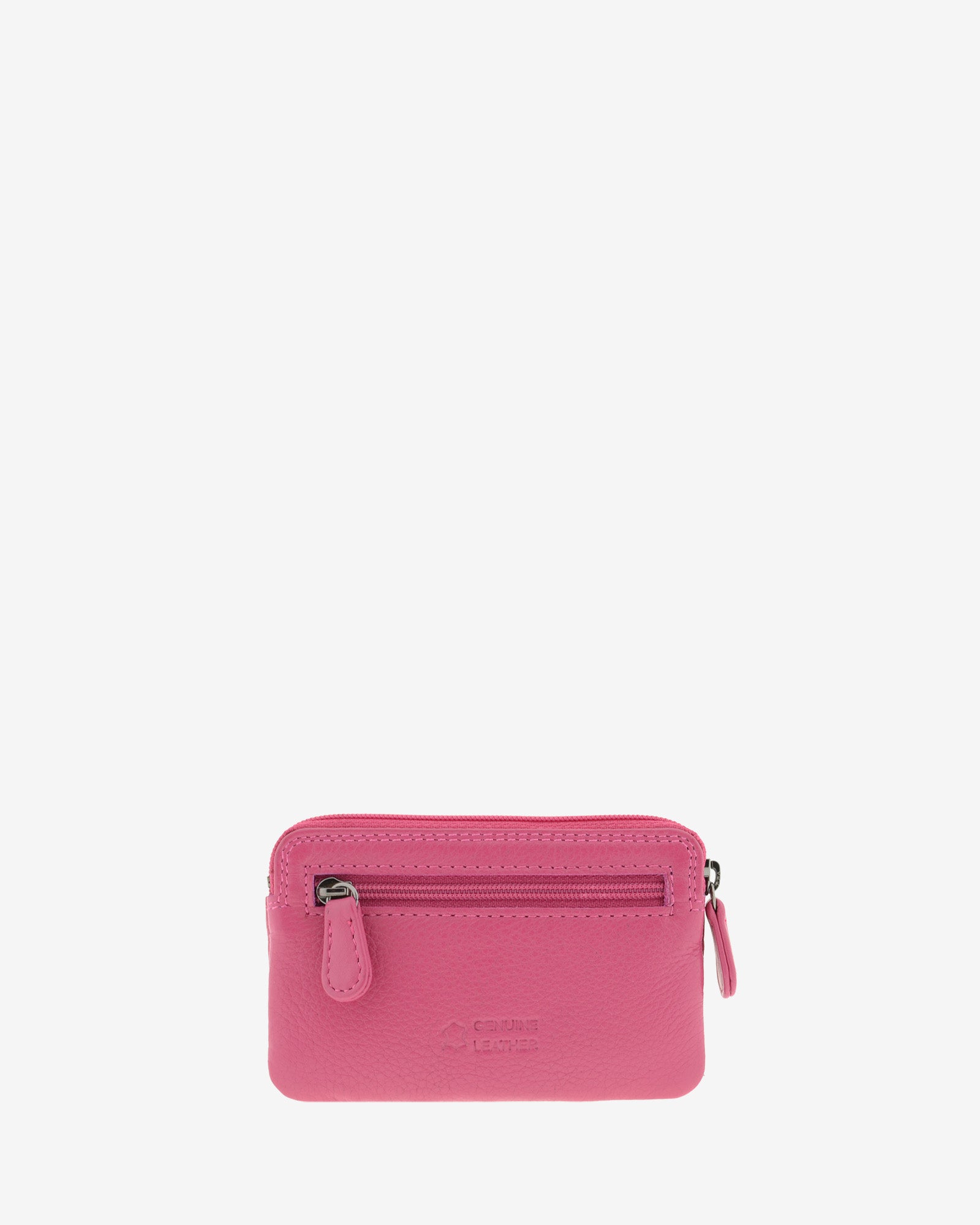Monedero fino 8078 en color magenta, vista posterior con bolsillo exterior de cremallera.