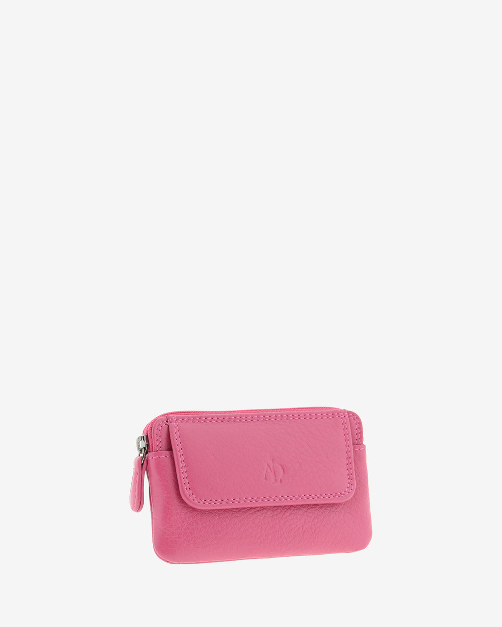 Monedero fino 8078 en color magenta, vista tres cuartos frontal con solapa exterior.
