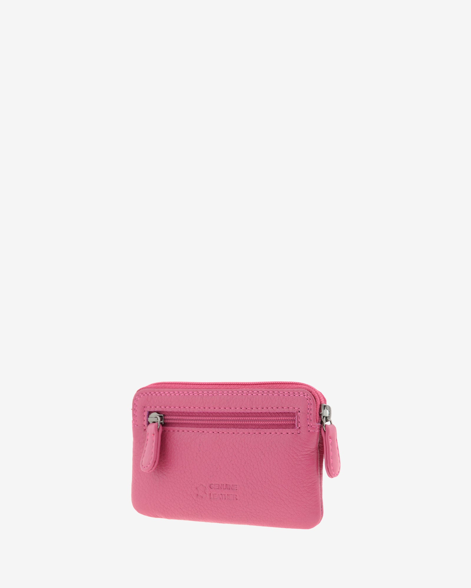 Monedero fino 8078 en color magenta, vista tres cuartos posterior con bolsillo exterior de cremallera.