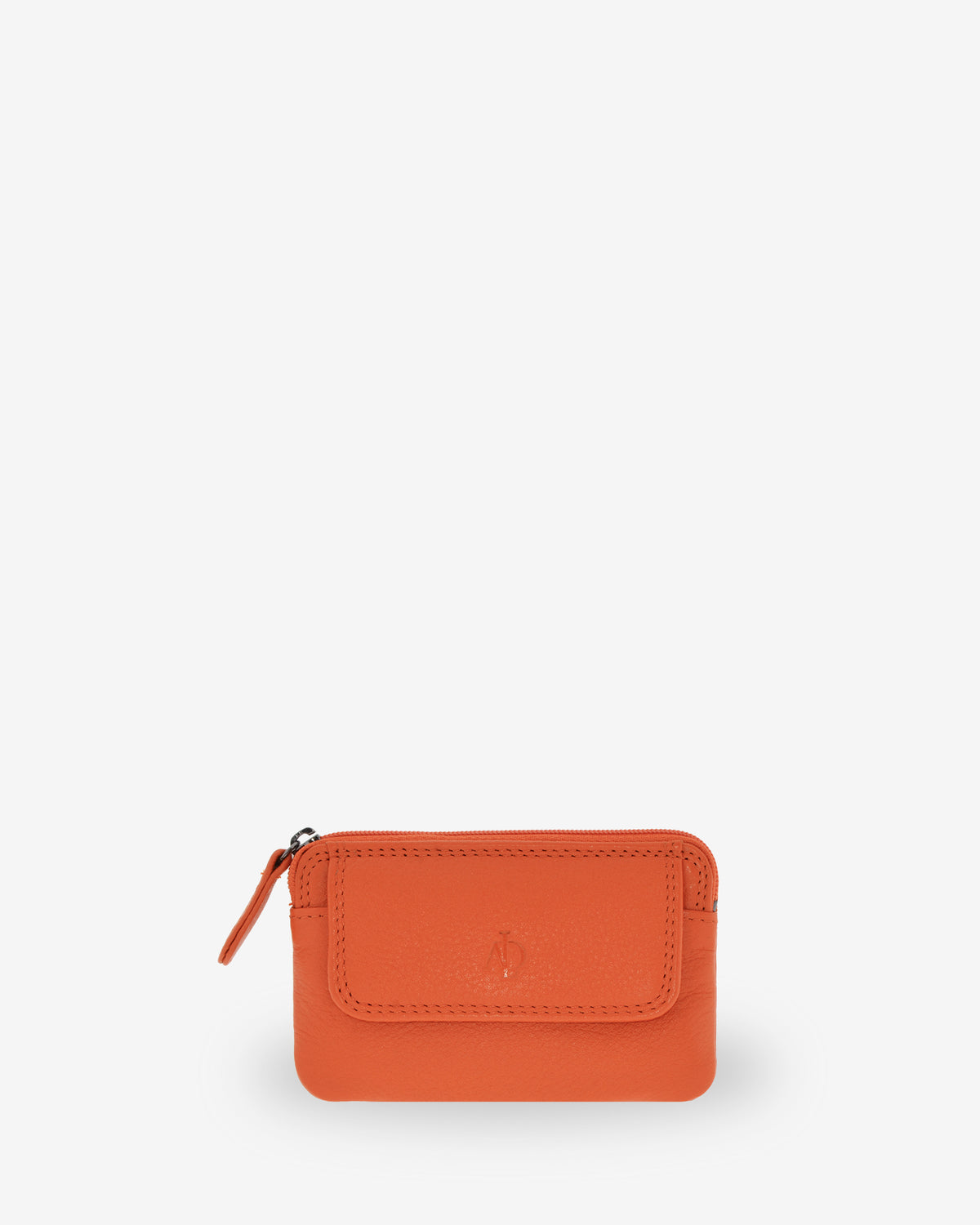 Monedero fino 8078 en color mandarina, vista frontal con solapa exterior.