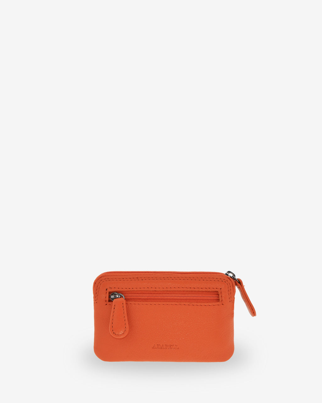 Monedero fino 8078 en color mandarina, vista posterior con bolsillo exterior de cremallera.