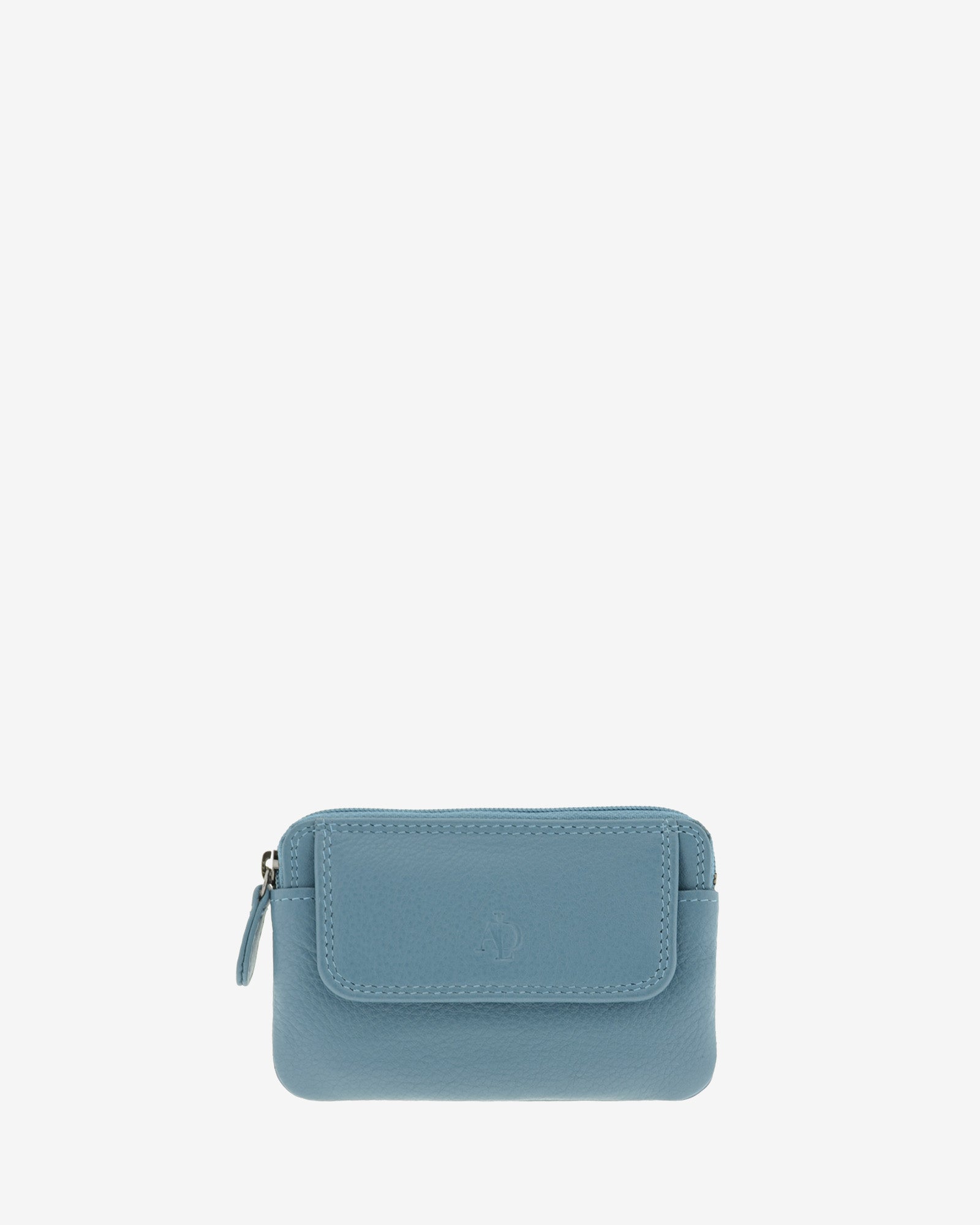 Monedero fino 8078 en color mar, vista frontal con solapa exterior.