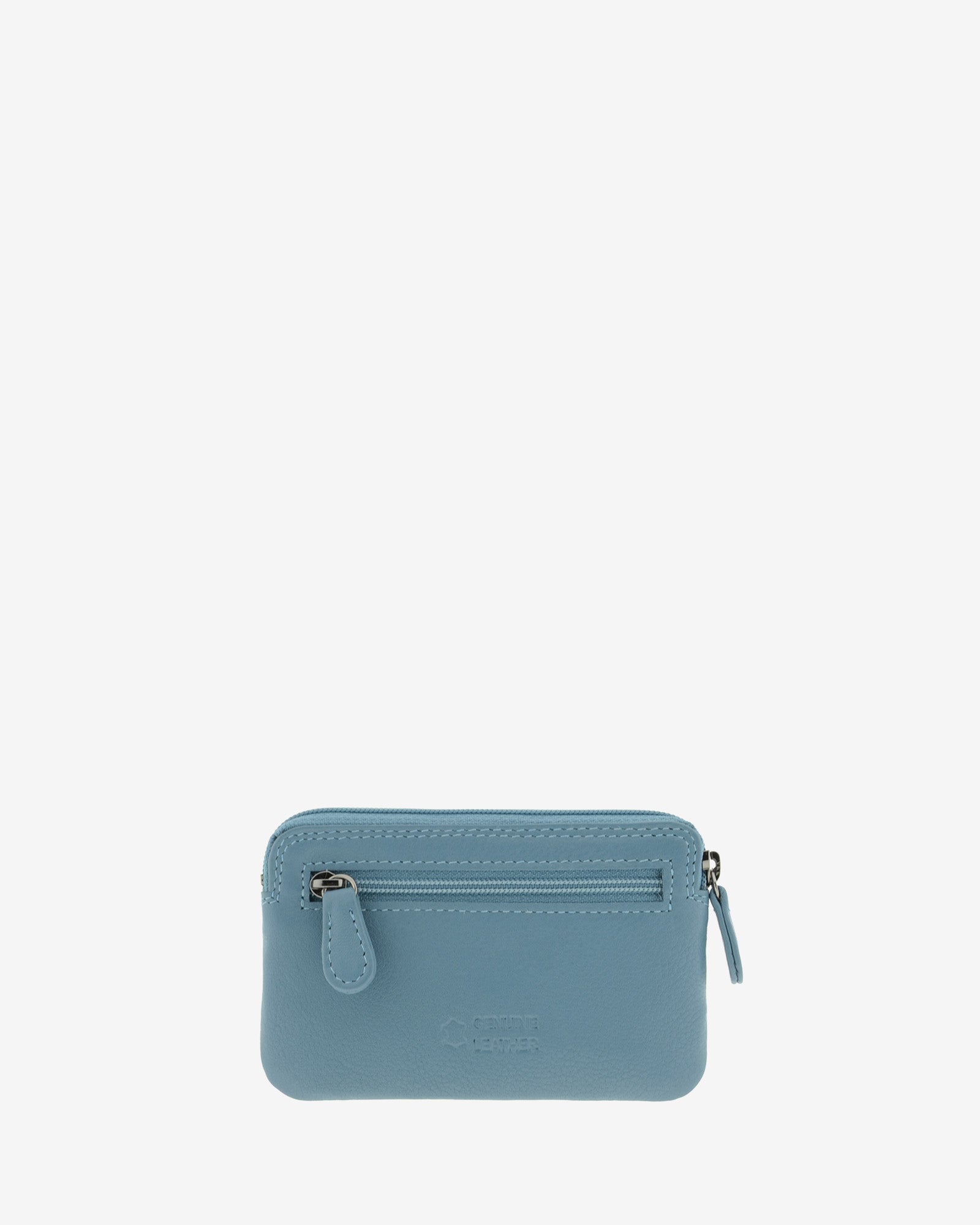 Monedero fino 8078 en color mar, vista posterior con bolsillo exterior de cremallera.