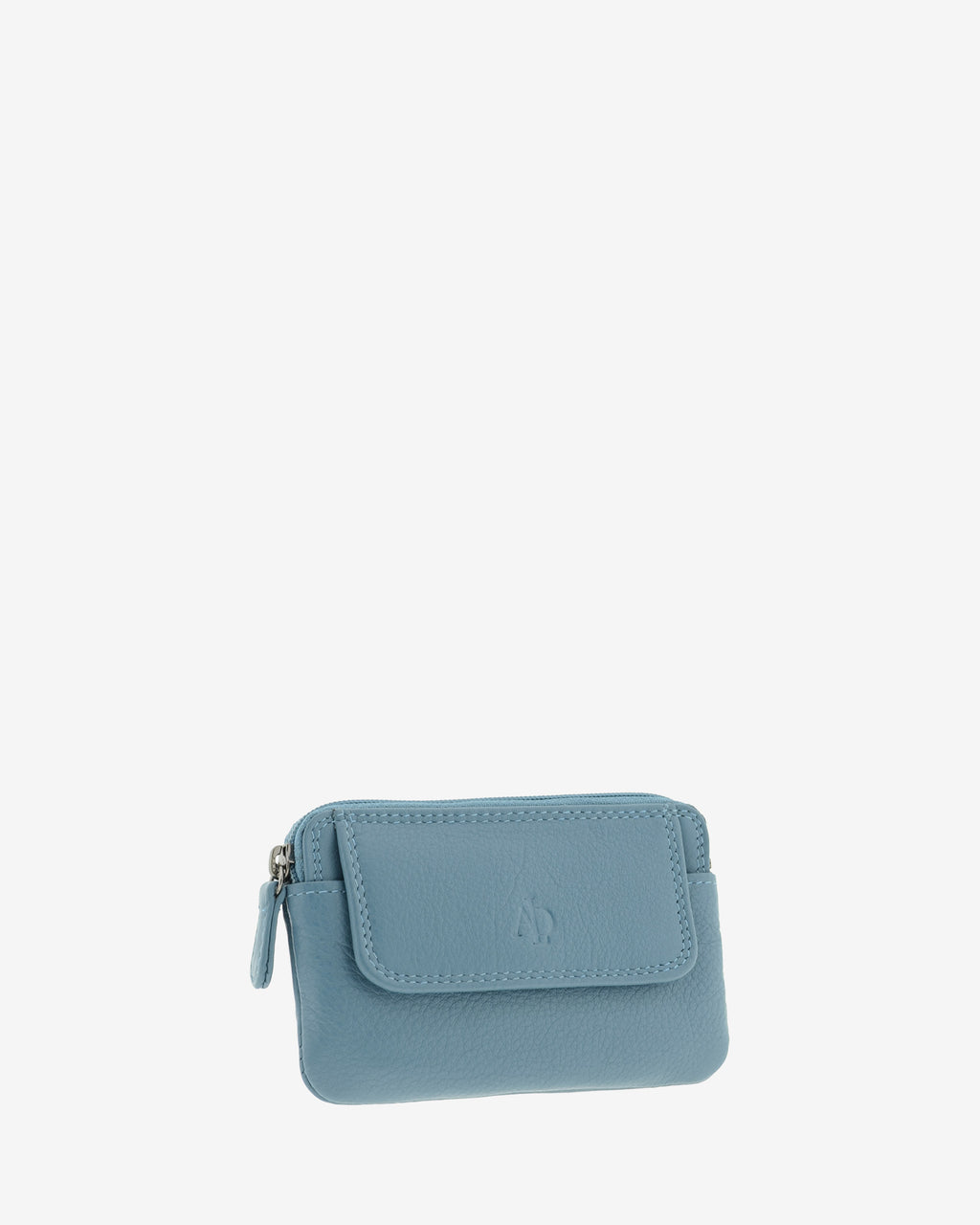 Monedero fino 8078 en color mar, vista tres cuartos frontal con solapa exterior.