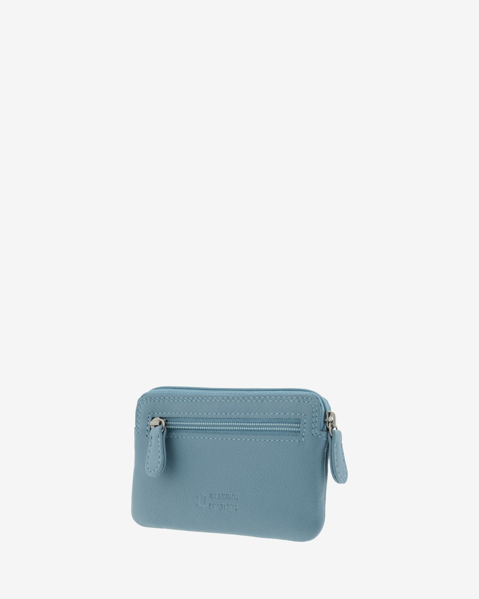 Monedero fino 8078 en color mar, vista tres cuartos posterior con bolsillo exterior de cremallera.