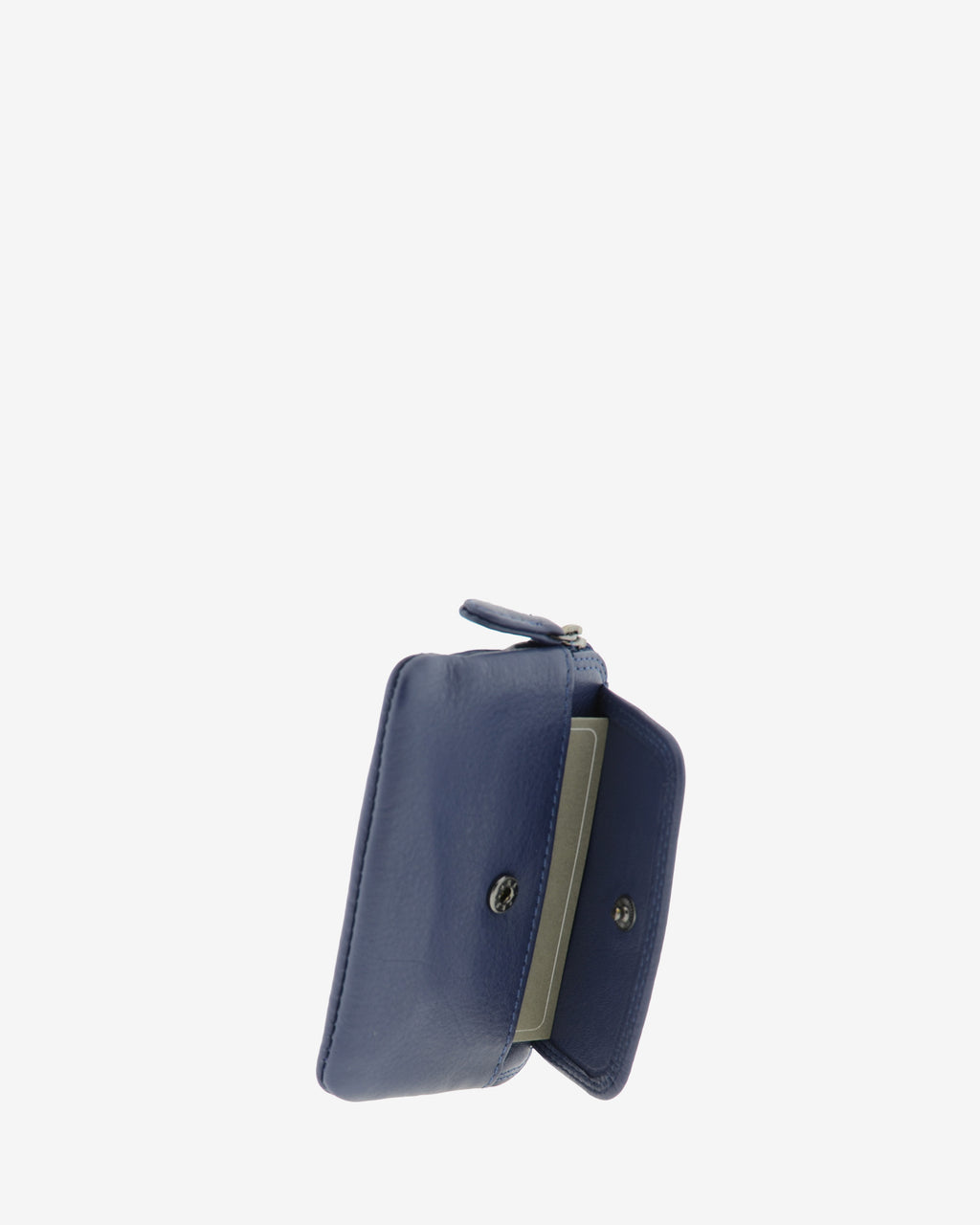 Monedero fino 8078 en color marino, vista exterior con la solapa abierta, cierre de botón y tarjeta visible.