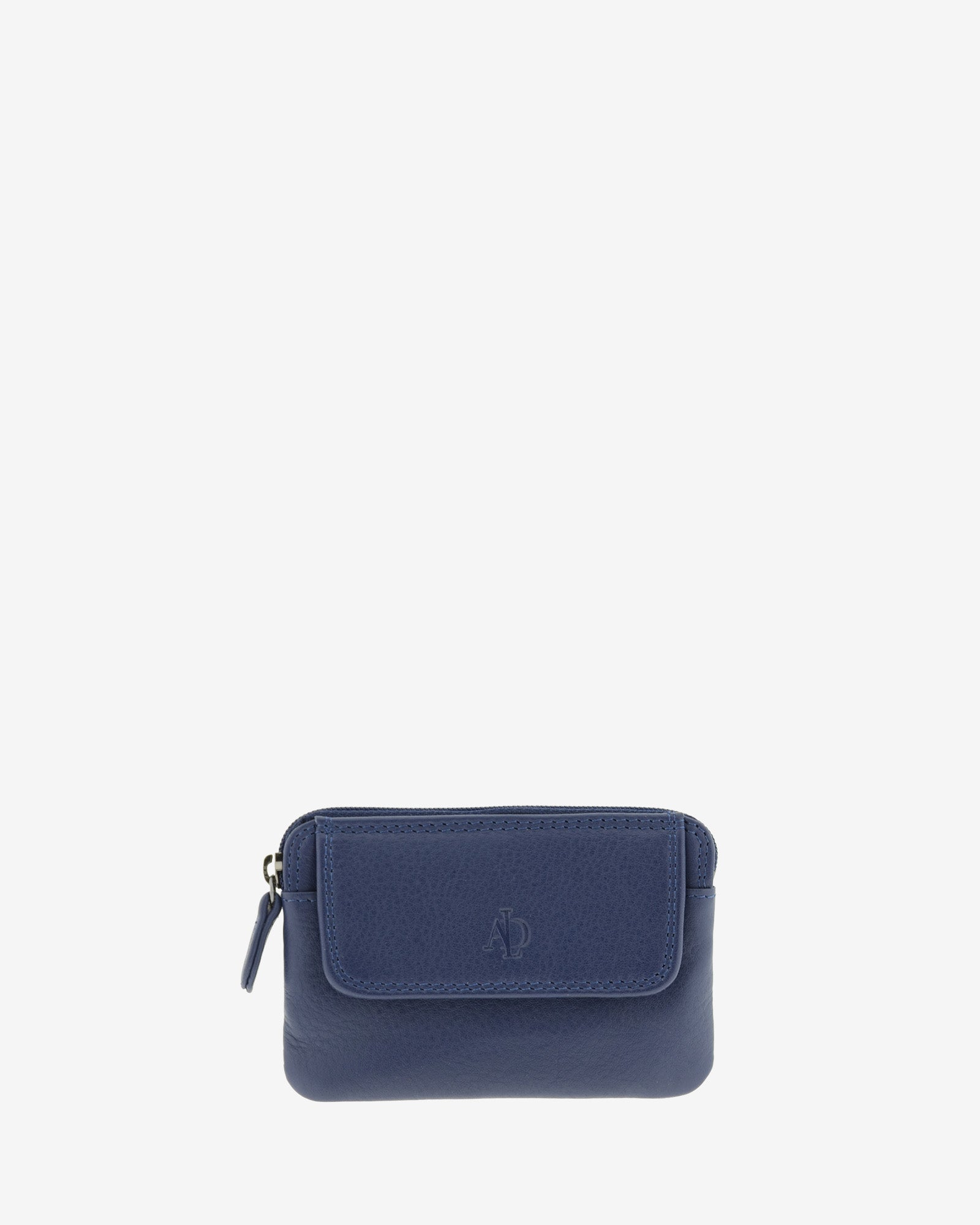 Monedero fino 8078 en color marino, vista frontal con solapa exterior.