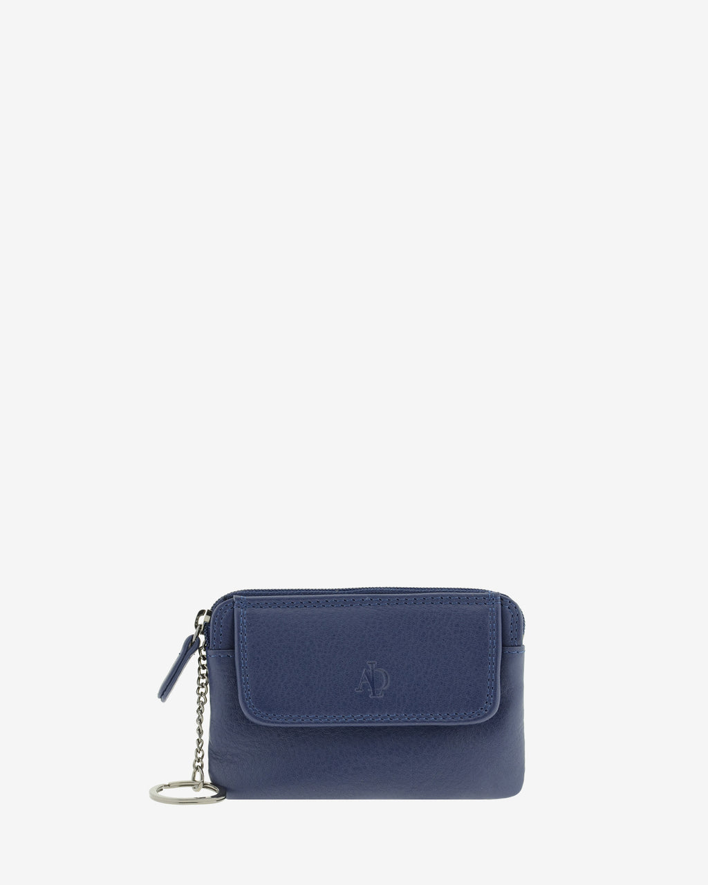Monedero fino 8078 en color marino, vista frontal con solapa y anilla para llaves.